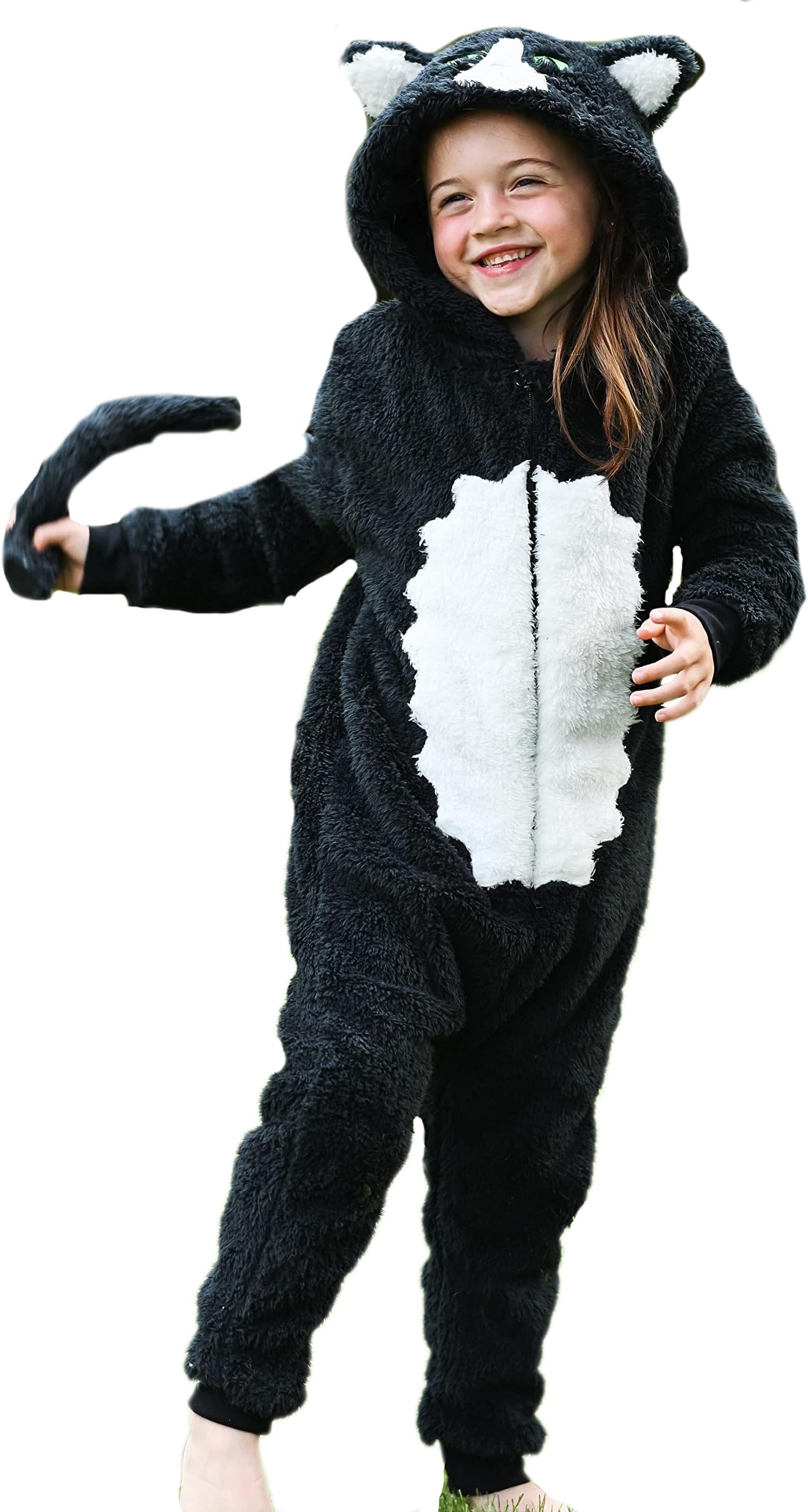 Boys or Girls Super Soft Fleece Fluffy Black White Cat Kitten with Tail Animal Costumes AllinOnes for Kids Age 2-13 Years