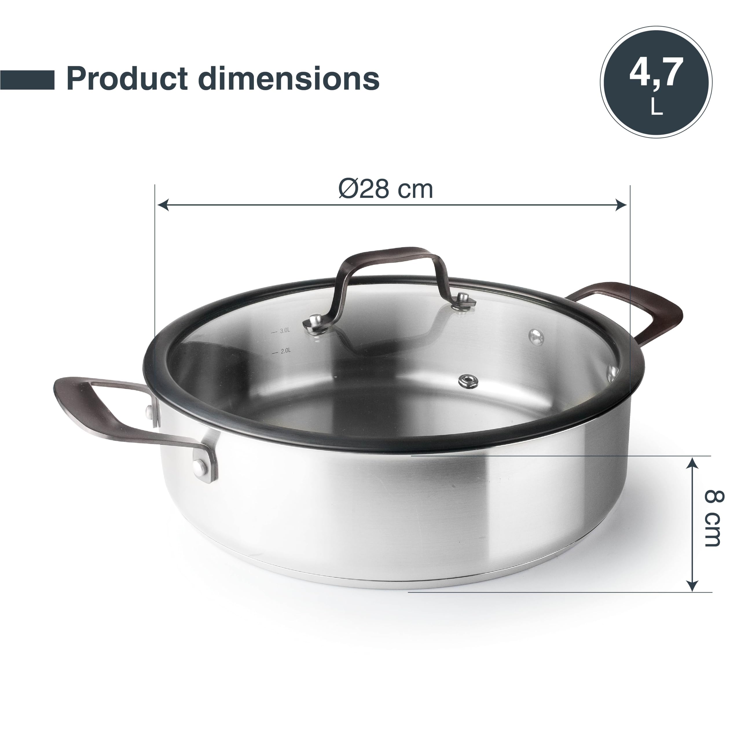Lacor - 47128 - Origin Kochtopf mit Deckel, Edelstahl 18/10, Deckel aus gehärtetem Glas, Dampfauslassventil, 4,7 Liter, induktionsfest, spülmaschinenfest, backofenfest, Ø28cm | Aus lebensmittelechtem Edelstahl gefertigt; hohe Korrosionsbeständigkeit und H