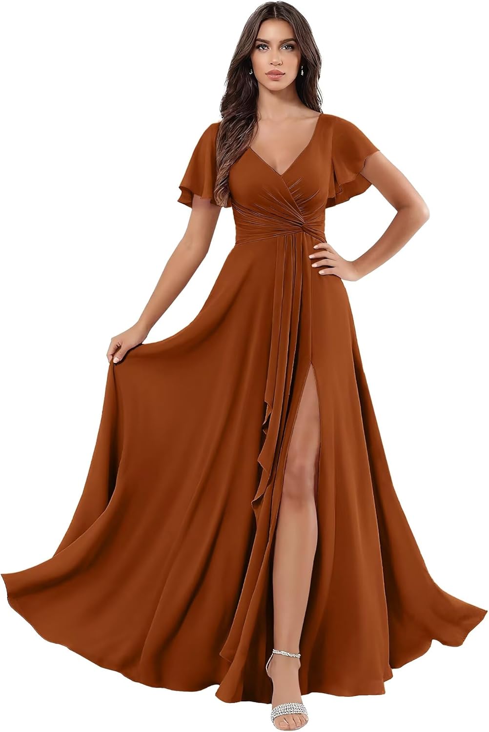 Women's Long Chiffon Bridesmaid Dresses with Slit Flutter Sleeves Formal Prom Dress for Wedding