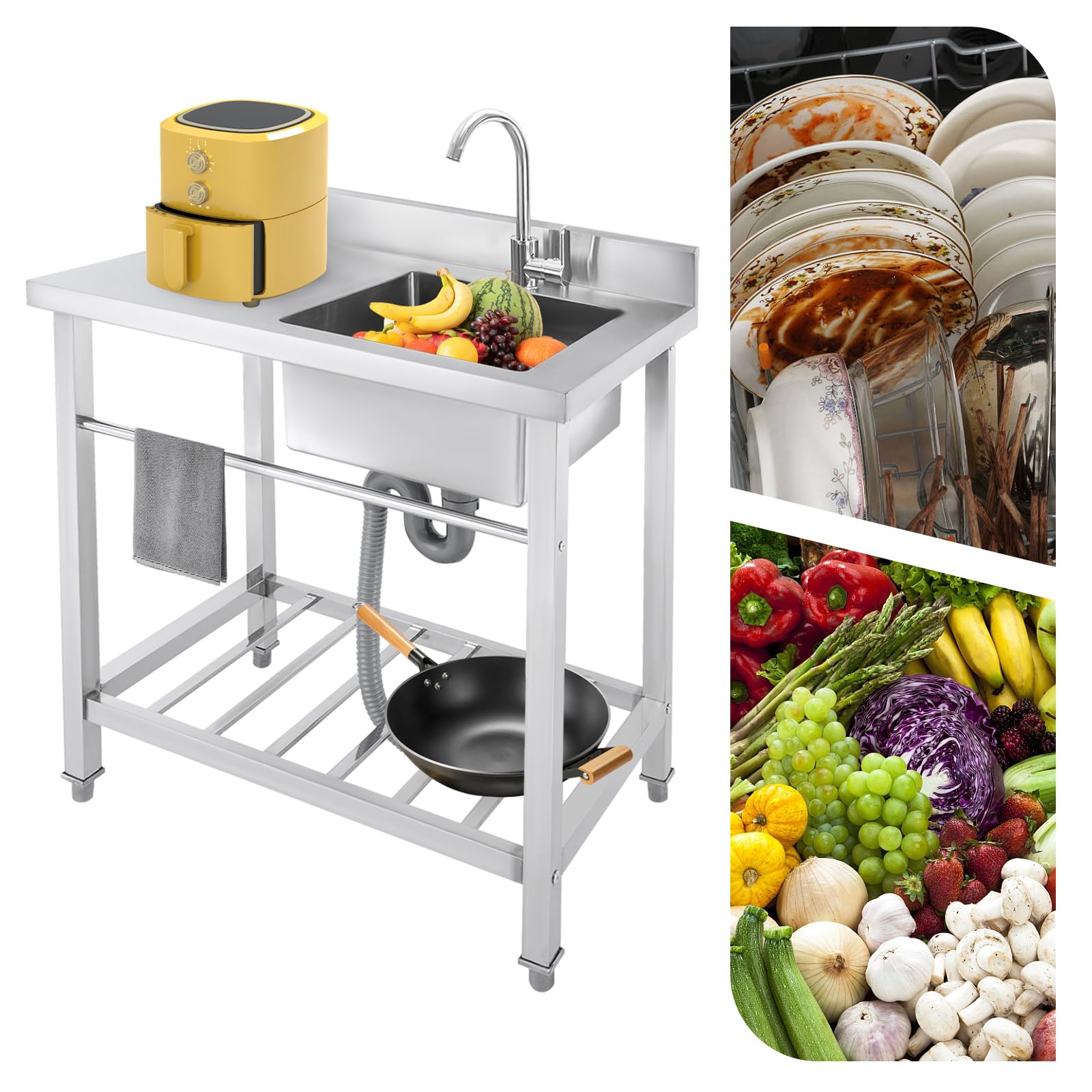 Freistehend Edelstahl Waschbecken, Spültisch mit Wasserhahn und Nterschrank, Einschalen-Küchenspüle, Multifunktionswaschtisch für den Einsatz in Badezimmern, Bauernhöfen, Hinterhöfen 80x55x84cm