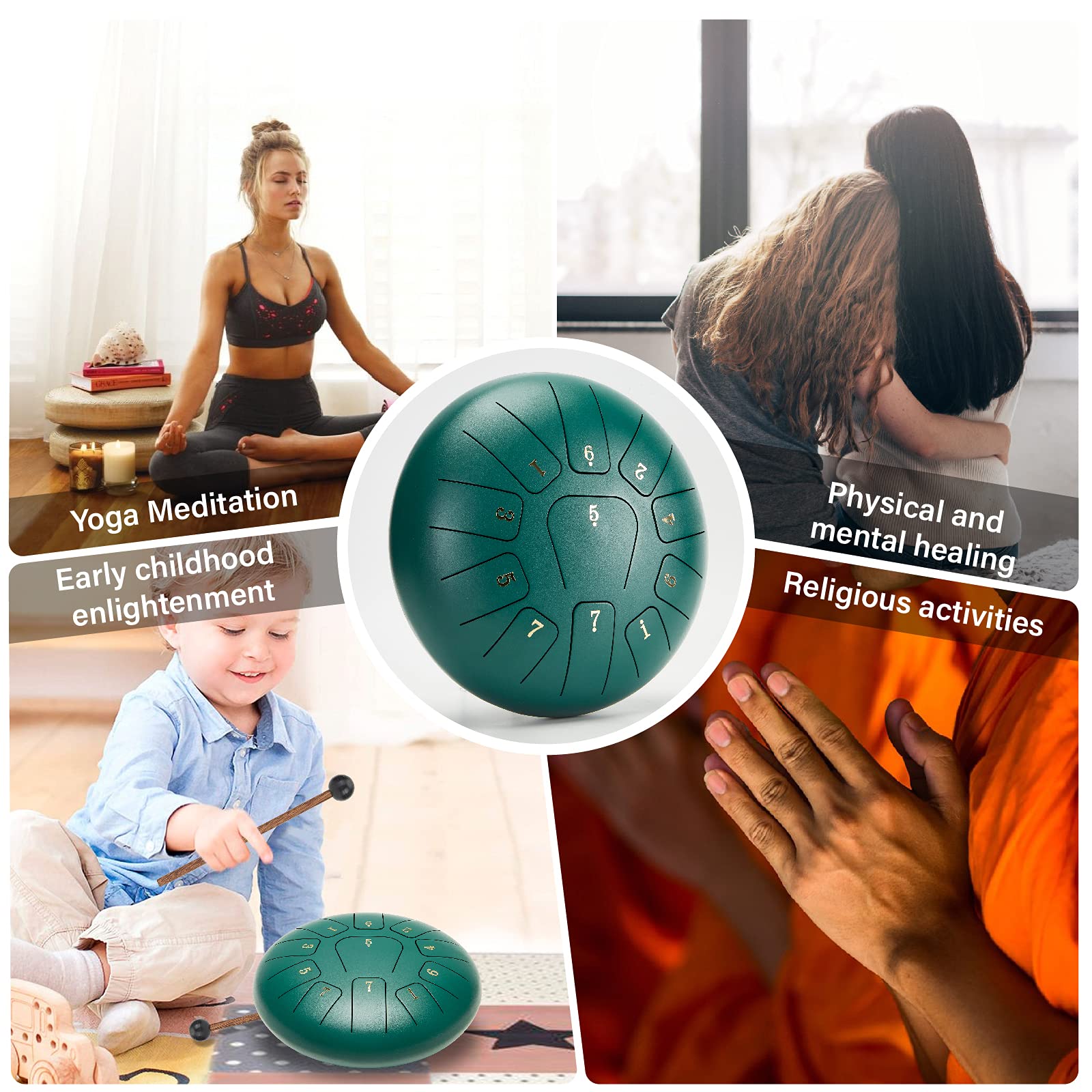 Tongue Drum Relaxant 10 pouces 11 tons- Instrument de Musique Intuitif pour Méditation Zen,Yoga et Éveil Musical - Tambour en Acier pour Enfant et Adulte avec Sac et Accessoires