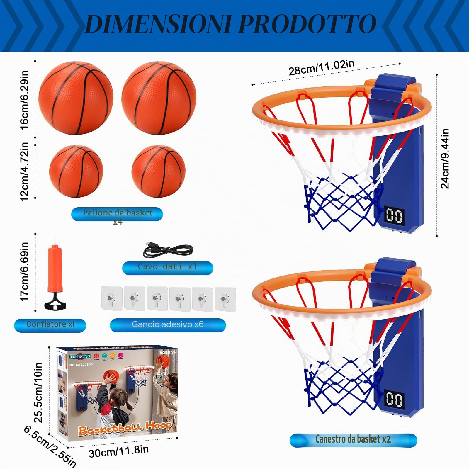 TERRAMUS Mini Canestro da Basket, Set da 2 Canestri da Basket con Pannello di Visualizzazione Elettronico, Canestro da Basket Regolabile in Altezza per Bambini, 4 Palle, 1 Pompa ad Aria, Regalo per