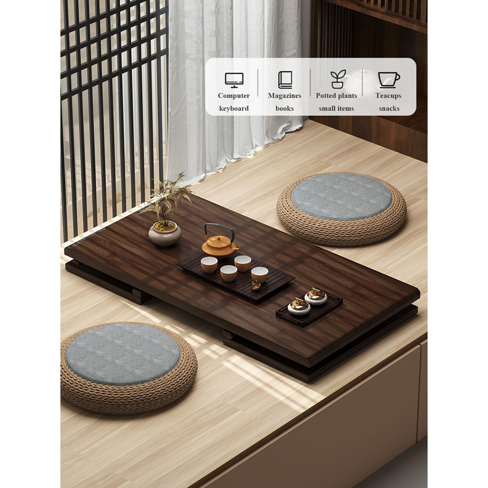 Table à thé pliable en bambou – Table basse élégante pour salon et balcon en bois massif avec sculpture traditionnelle, pas de montage nécessaire, supporte 100 kg, bords lisses, design compact