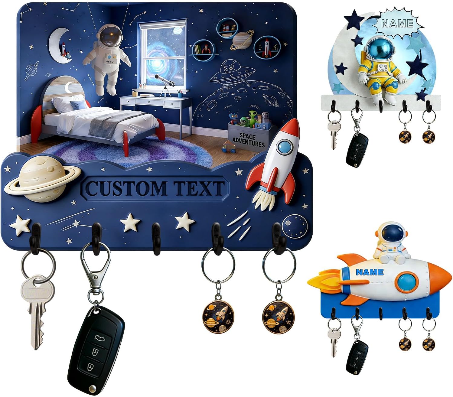 Custom Text Space Astronaut Wooden Key Hook,2D Flat Print Wall Mounted Key Organizer with 5 Hooks,Personalized Rocket Planet Key Hanger for Entryway Kids Room Nursery Decor (Space Style-1)