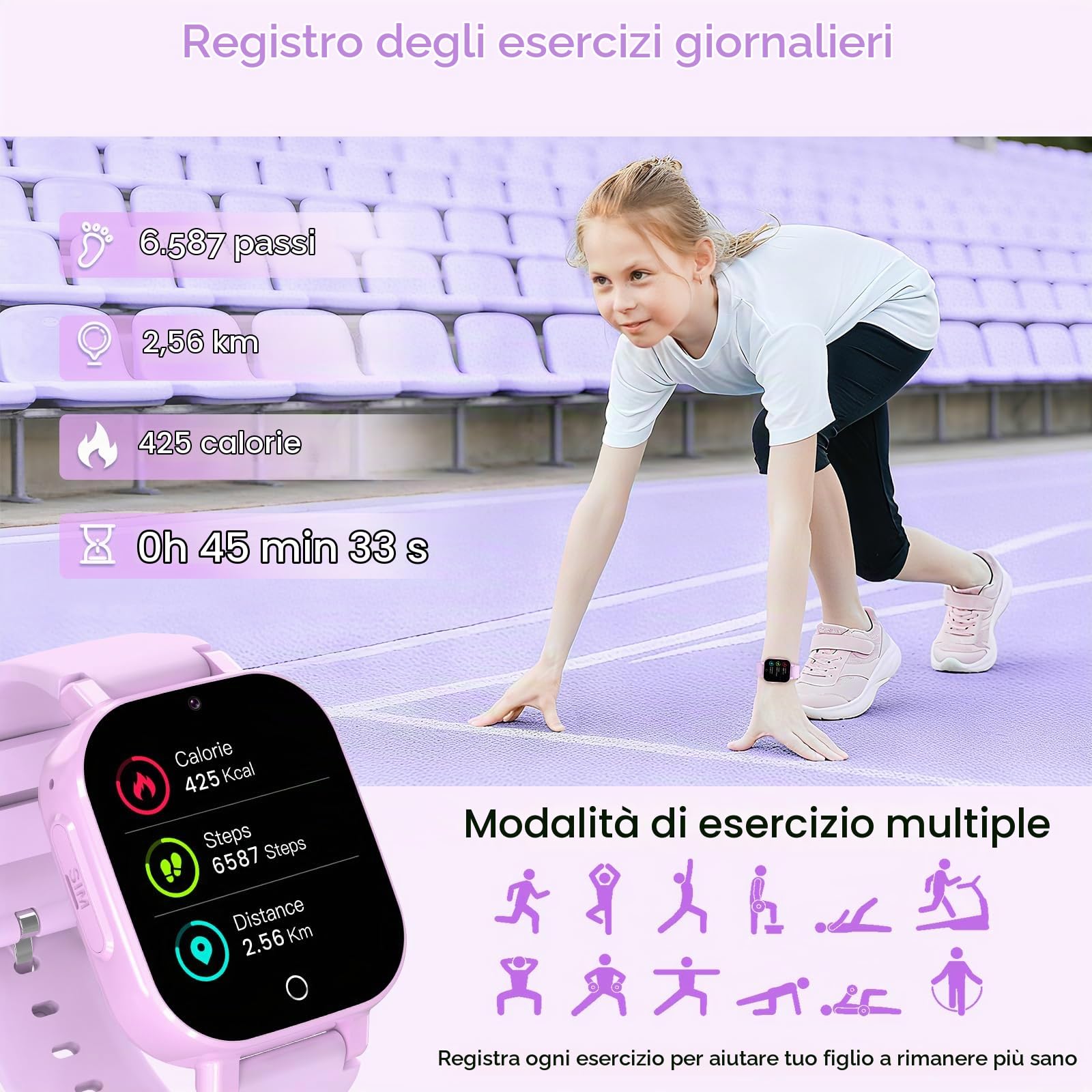 4G Smartwatch Bambini con GPS e Telefono, Orologio Smartwatch Bambini con Videochiamate, Chat Vocale, Modalità Scuola, SOS, Contapassi, Orologio Intelligente Regalo Ragazzi Ragazze 4-12, Viola