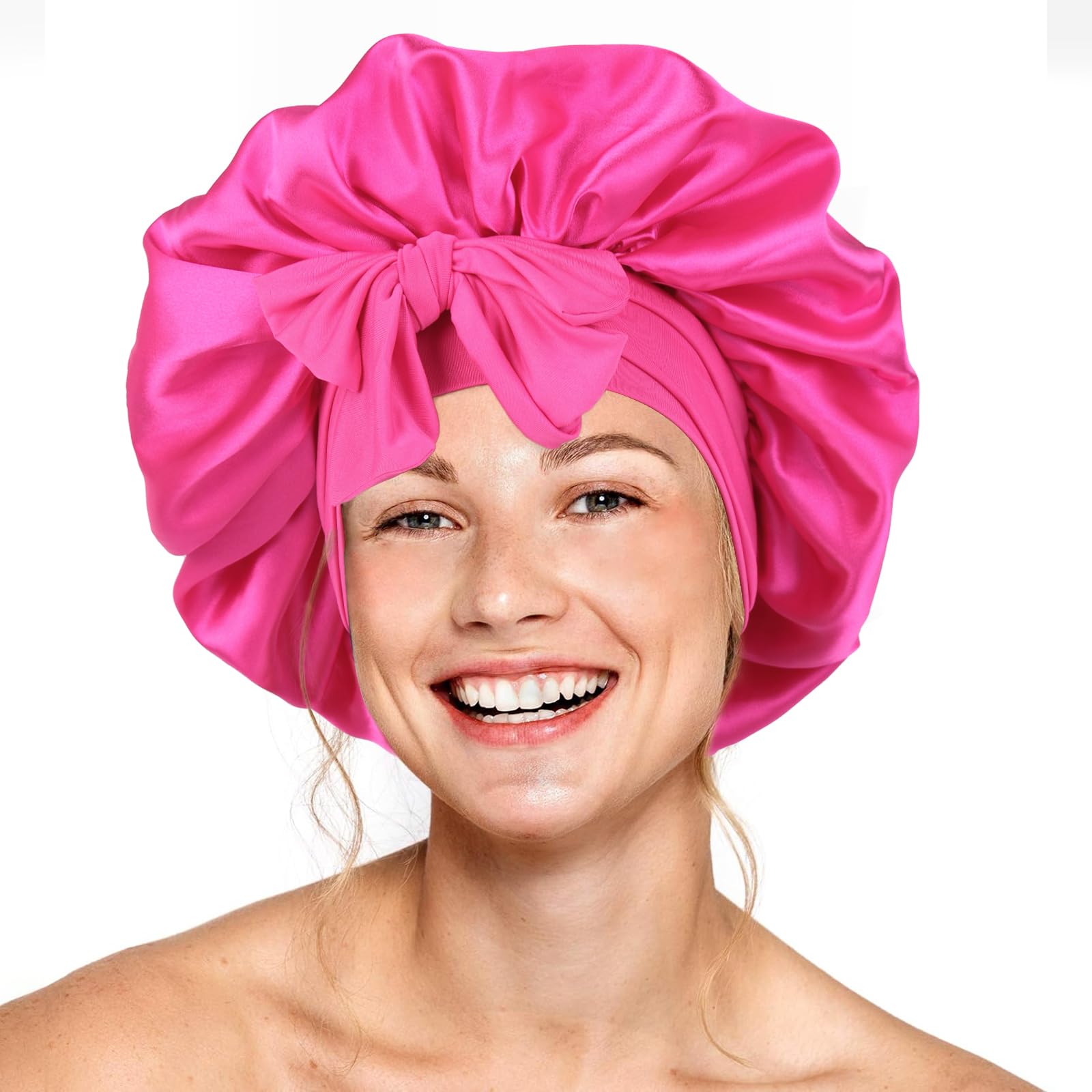 Silk Bonnet for Sleeping Women - Double Layer Satin Hair Bonnet With Elastic Tie Band, Adjustable for Curly Hair (Hot Pink)