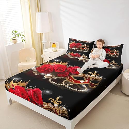 Miniatura 6 de Juego de ropa de cama para parejas, diseño de rosa roja, corazón de amor, sábana bajera ajustable en forma de corazón, sábanas de perlas blancas en