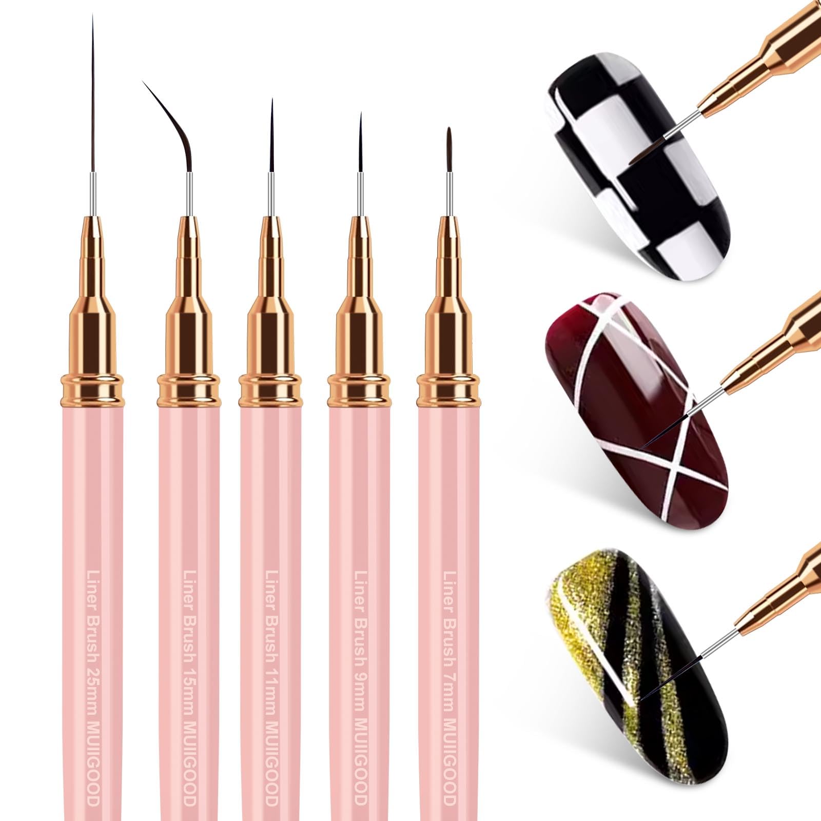 MUIIGOOD Nail Art Liner Brushes, 5Pcs Liner Brush For Nails, Painting Nail Art Brush Set Dotting Drawing Tool for Long Lines, Thin Details, UV Gel Polish Painting, Fine Drawing 7/9/11/15/25mm(Pink)
