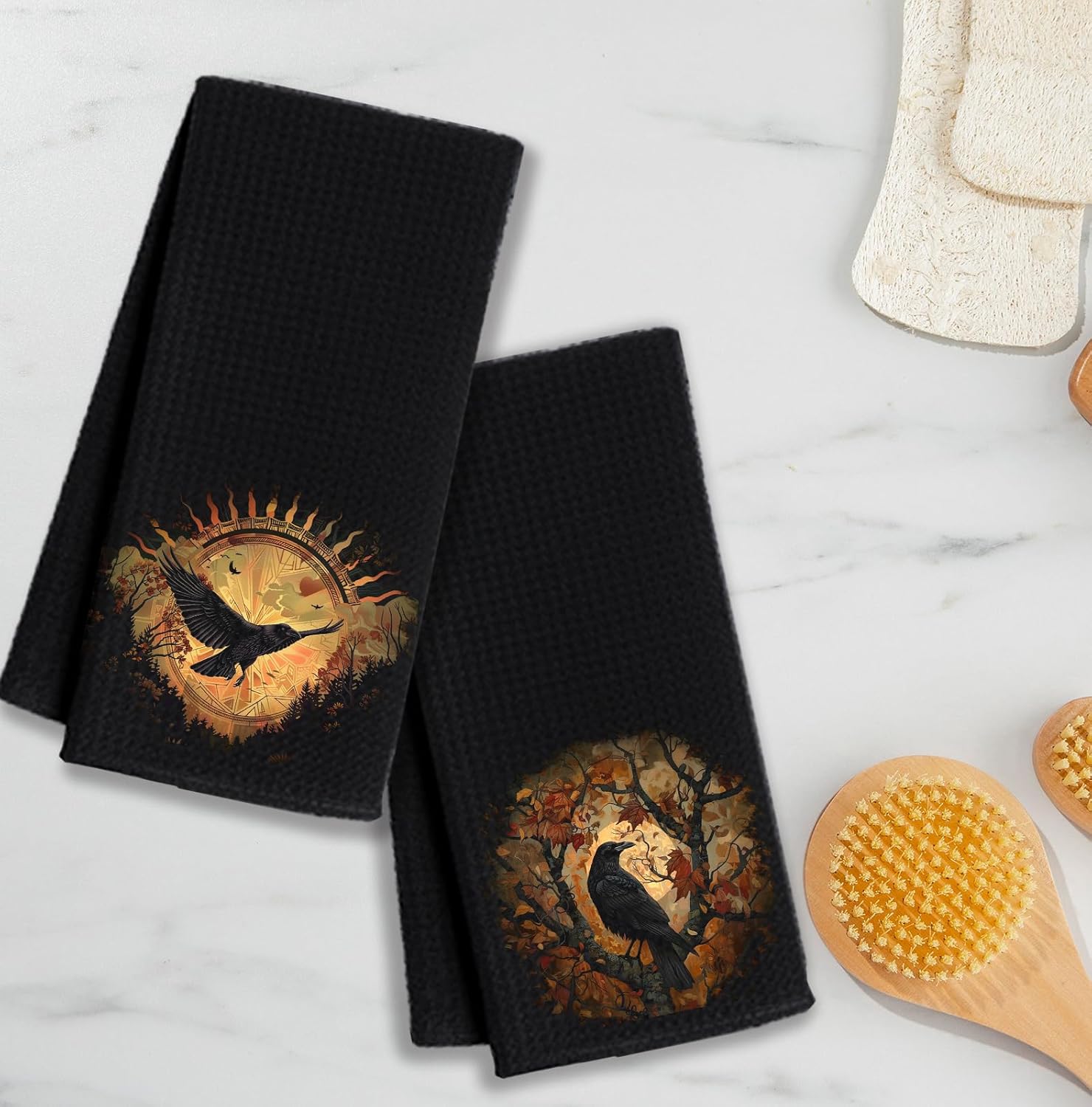 Gothic Black Raven Kitchen Towels Set of 2, Dark Academia Medieval Dish Tea Towels for Kitchen, Goth Cottagecore Black Crow Hand Towels for Bathroom, Gothic Gifts for Women, 16x24 Inch - Image 4