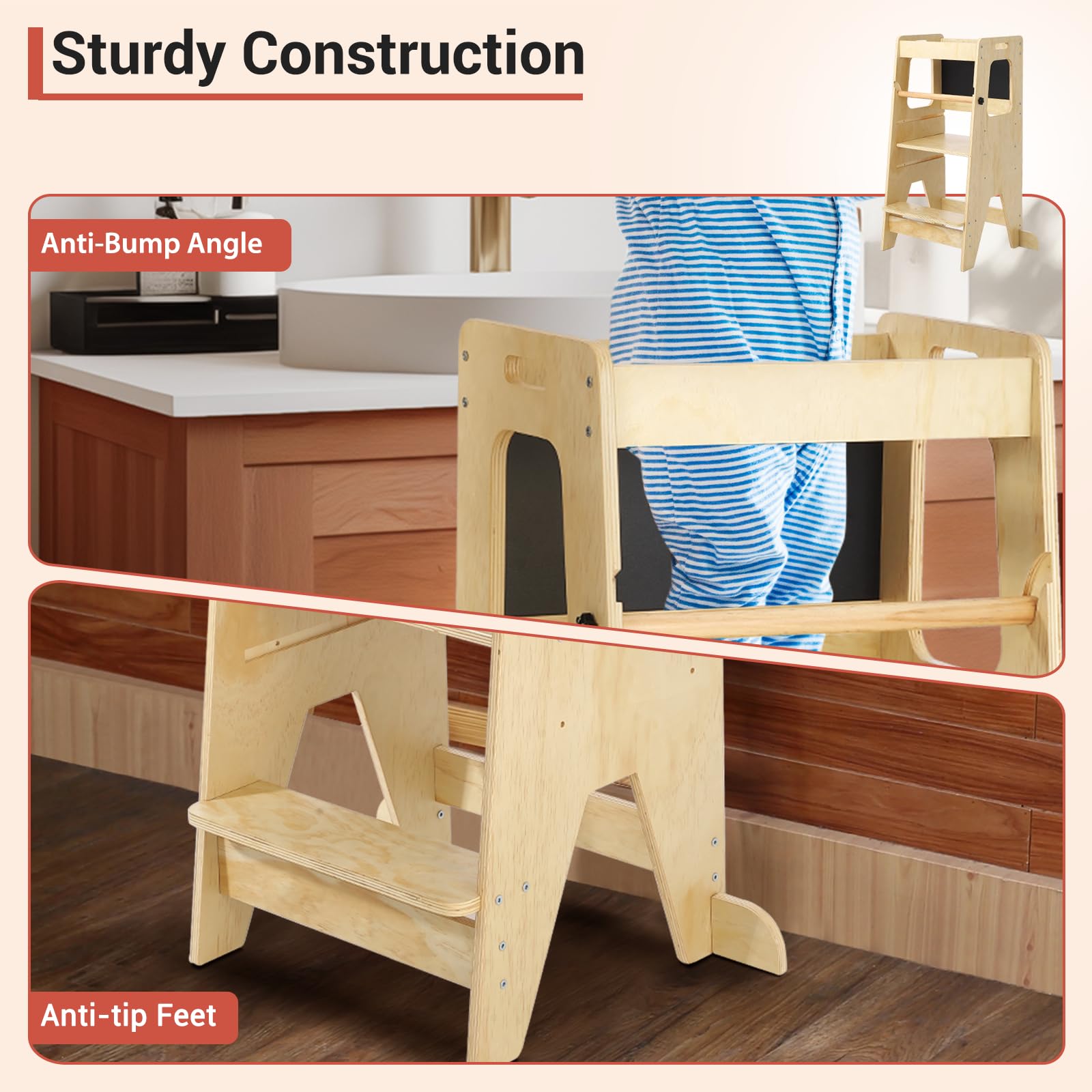 Höhenverstellbarer Kinder Lern-Turm Aus Holz Mit Sicherheitsgeländer, Anti-Rutsch Und Kreidetafel – Multifunktionaler Tritthocker Für Küche, Bad Und Spielbereich, Tragfähigkeit Bis 68 kg