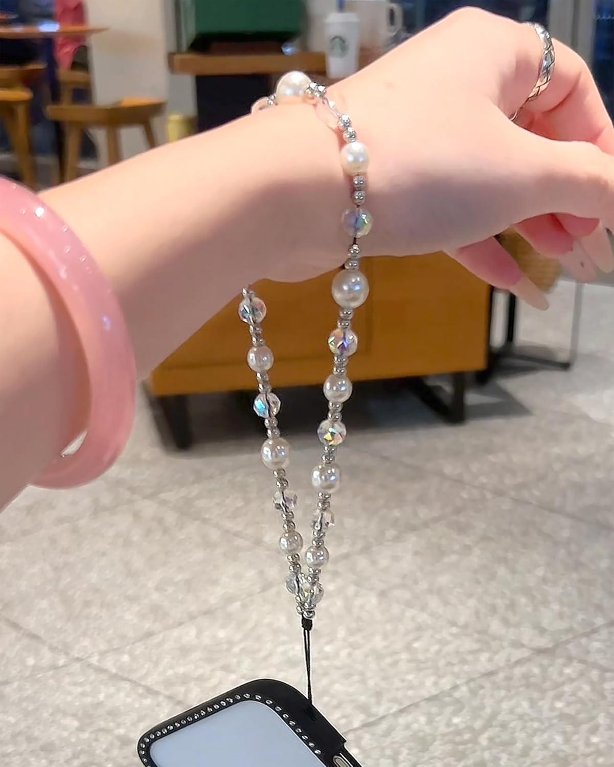 Crystal & Pearl Phone Charm Wrist Strap, Beaded Lanyard Wristlet Chain, Hands-Free Bracelet Strap for Phone Cases