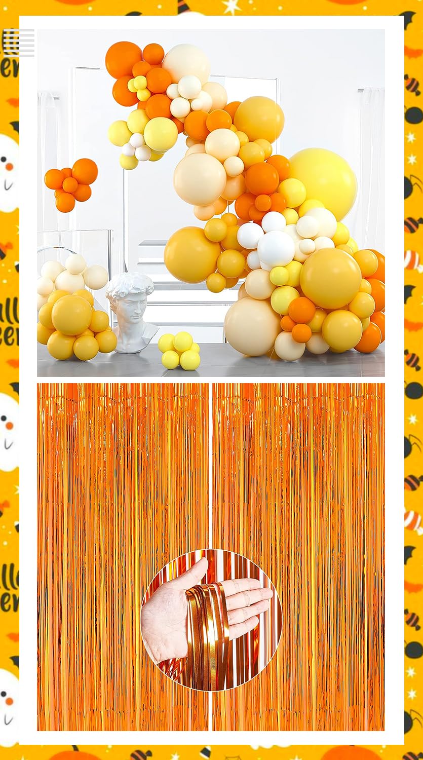 PartyWoo Orange Yellow Balloons Different Sizes 100 PCS and Orange Foil Fringe Curtains 2 pcs