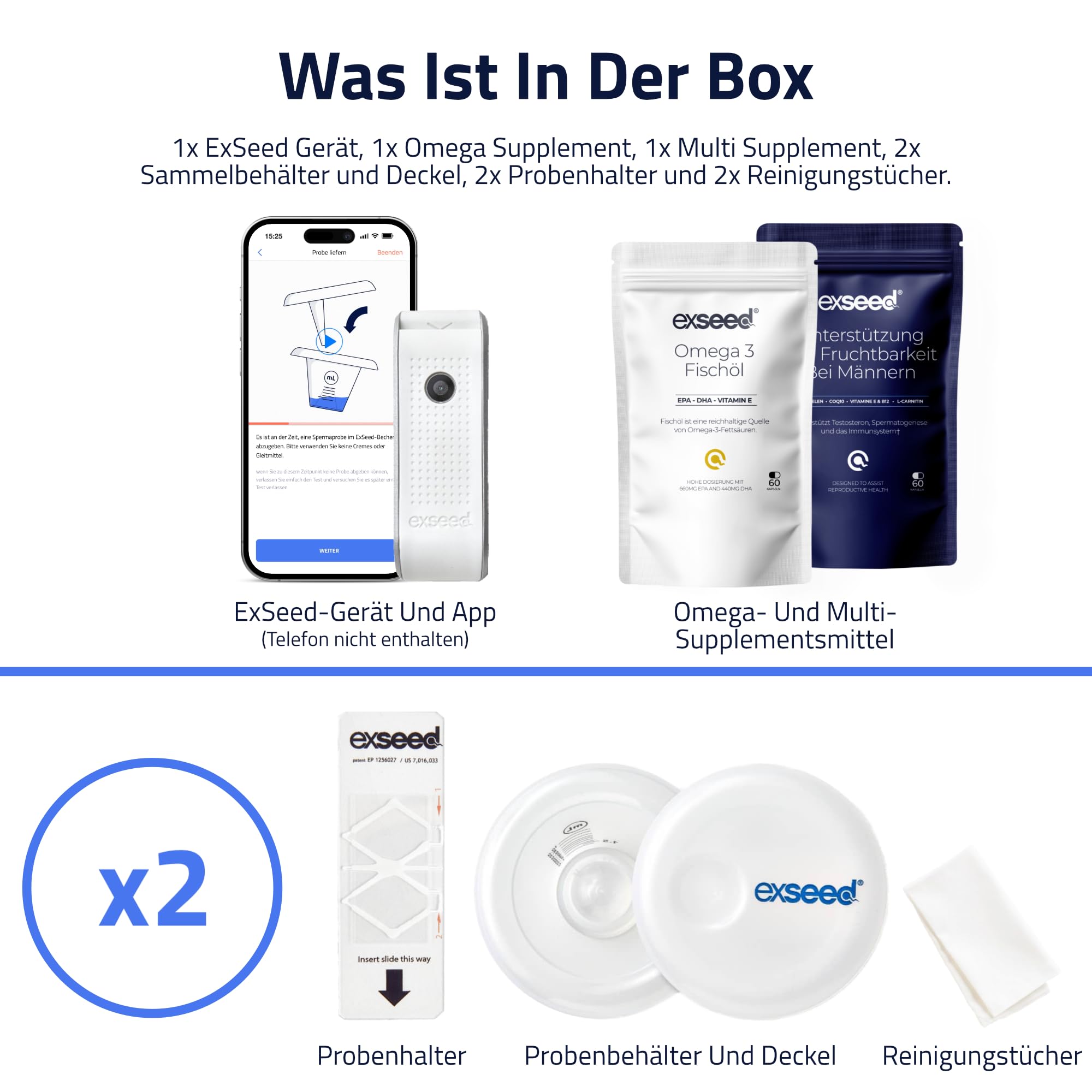 Health - Fruchtbarkeits-Test-Set für Männer - 2 Testkits & Fruchtbarkeits-Präparate - Multivitamine & Omega 3 - Komplettes Test-Set - Testen & Verbessern Sie die Gesundheit Ihrer Spermien | 2 Testkits, Fruchtbarkeits-Präparate, Multivitamine & Omega 3, Ko