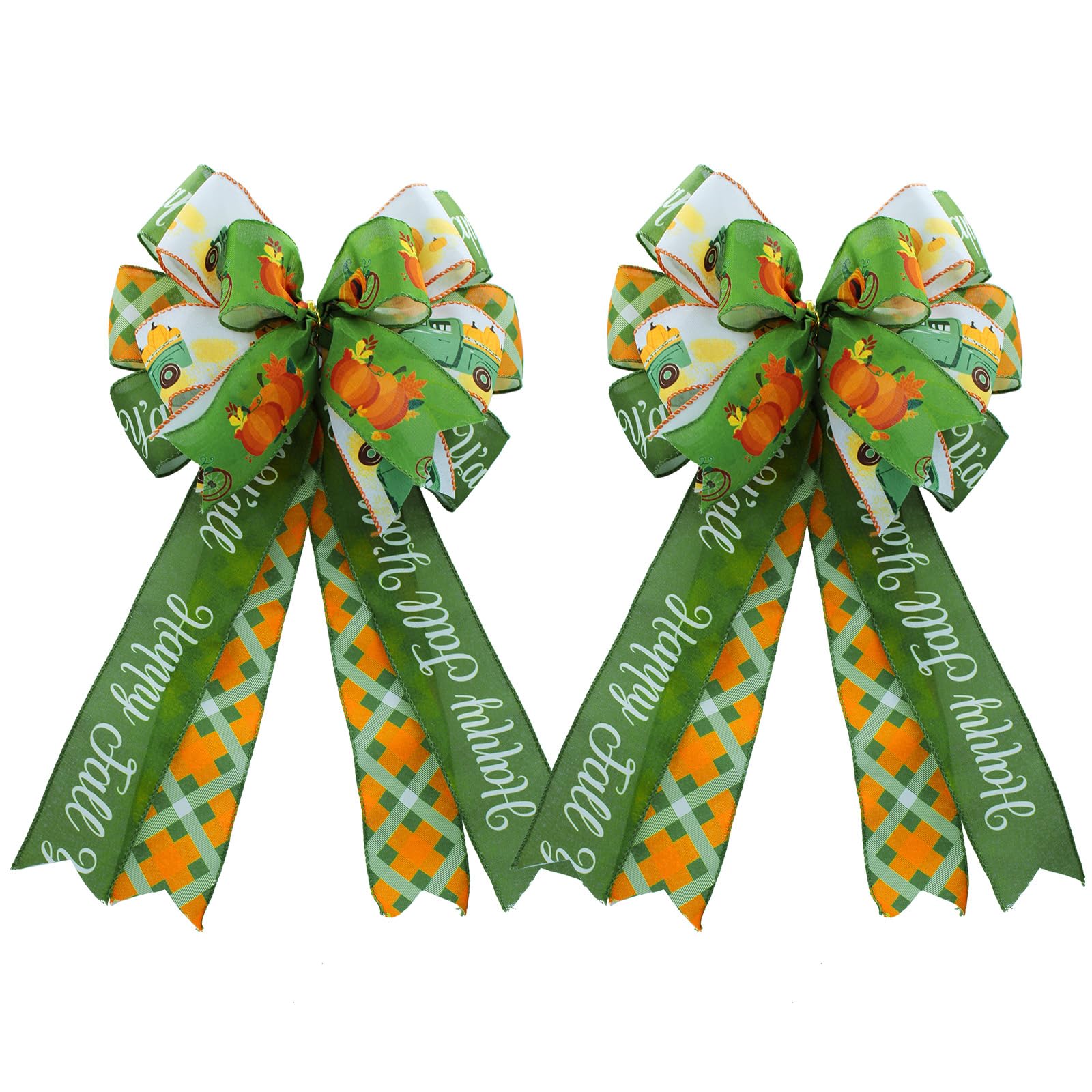 Large Fall Wreath Bows 2 Pack - 19x11 inch Pre-Tied Buffalo Plaid Wreath Bow, Thanksgiving Pumpkin Wired Edge Wreath Bow for Front Door Autumn Decor, Christmas, Holiday Indoor Outdoor Ornaments