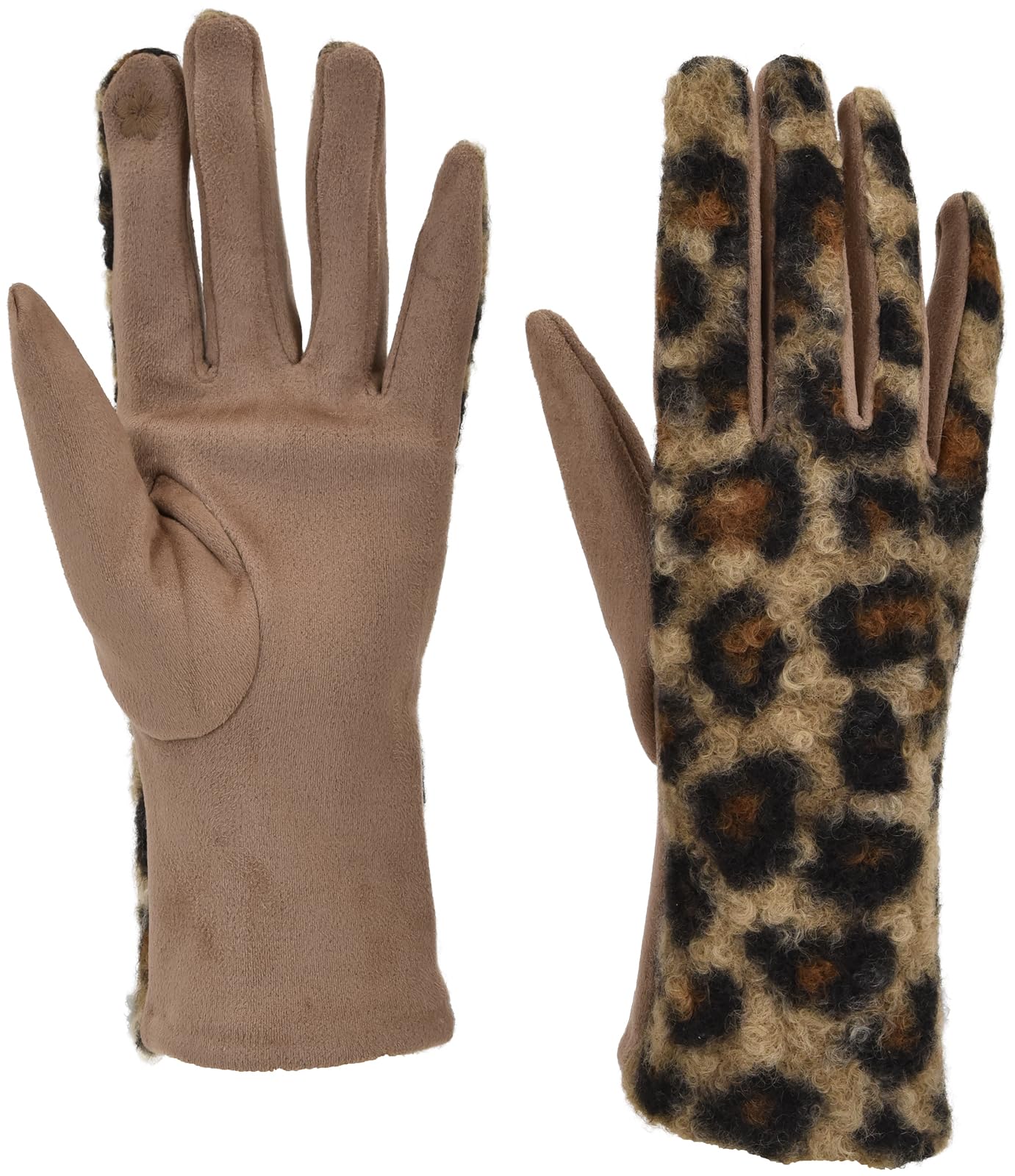 styleBREAKER Women's Touchscreen Gloves with Leopard Pattern and Teddy Fleece | Warm Winter Finger Gloves | Soft Smartphone Gloves, Brown-Black