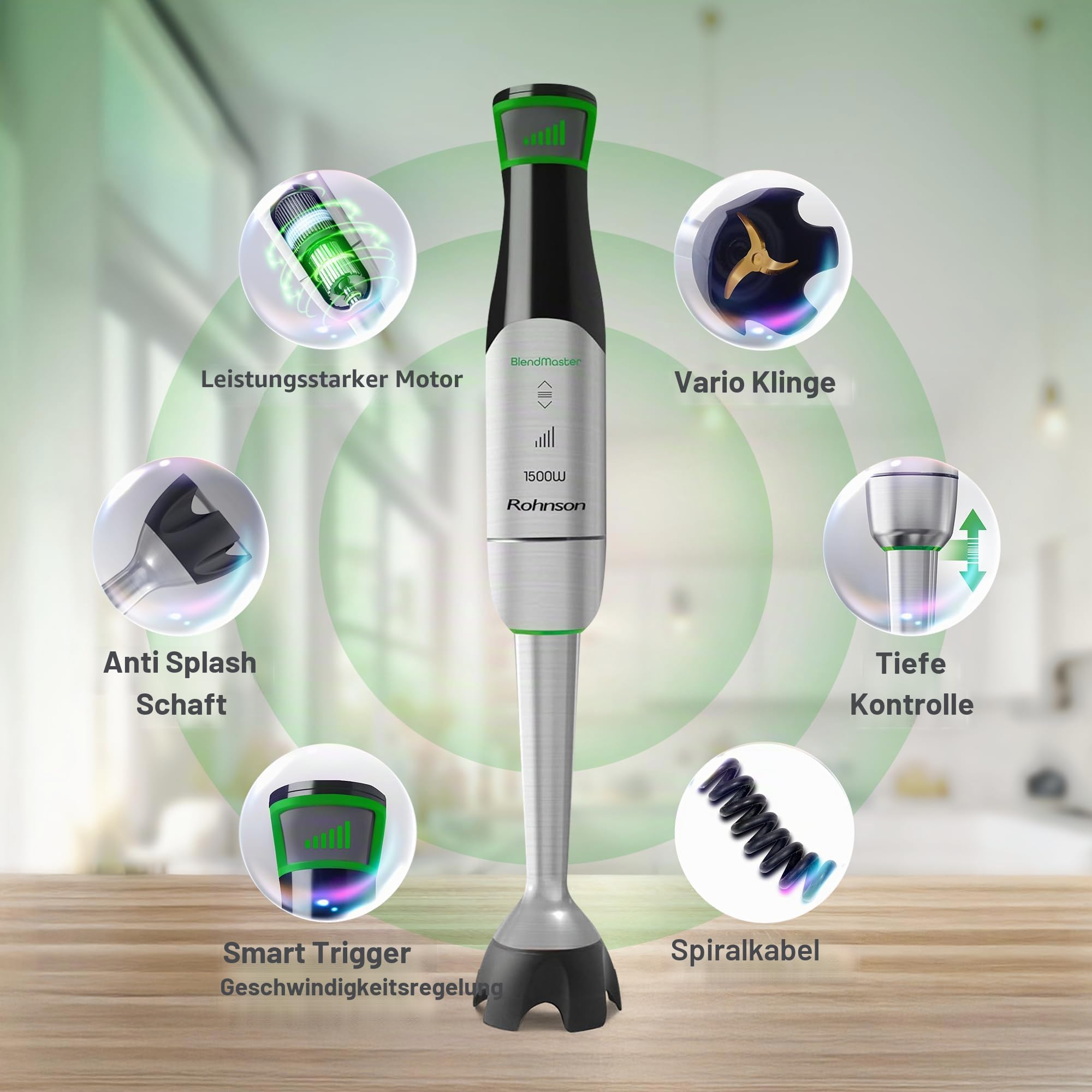 Rohnson BlendMaster R-5750 Stabmixer mit 1500 W, Vario-Blade-Technologie und Tiefenregelung, inklusive Schneebesen, Messbecher und Zerkleinerer, Spiralkabel