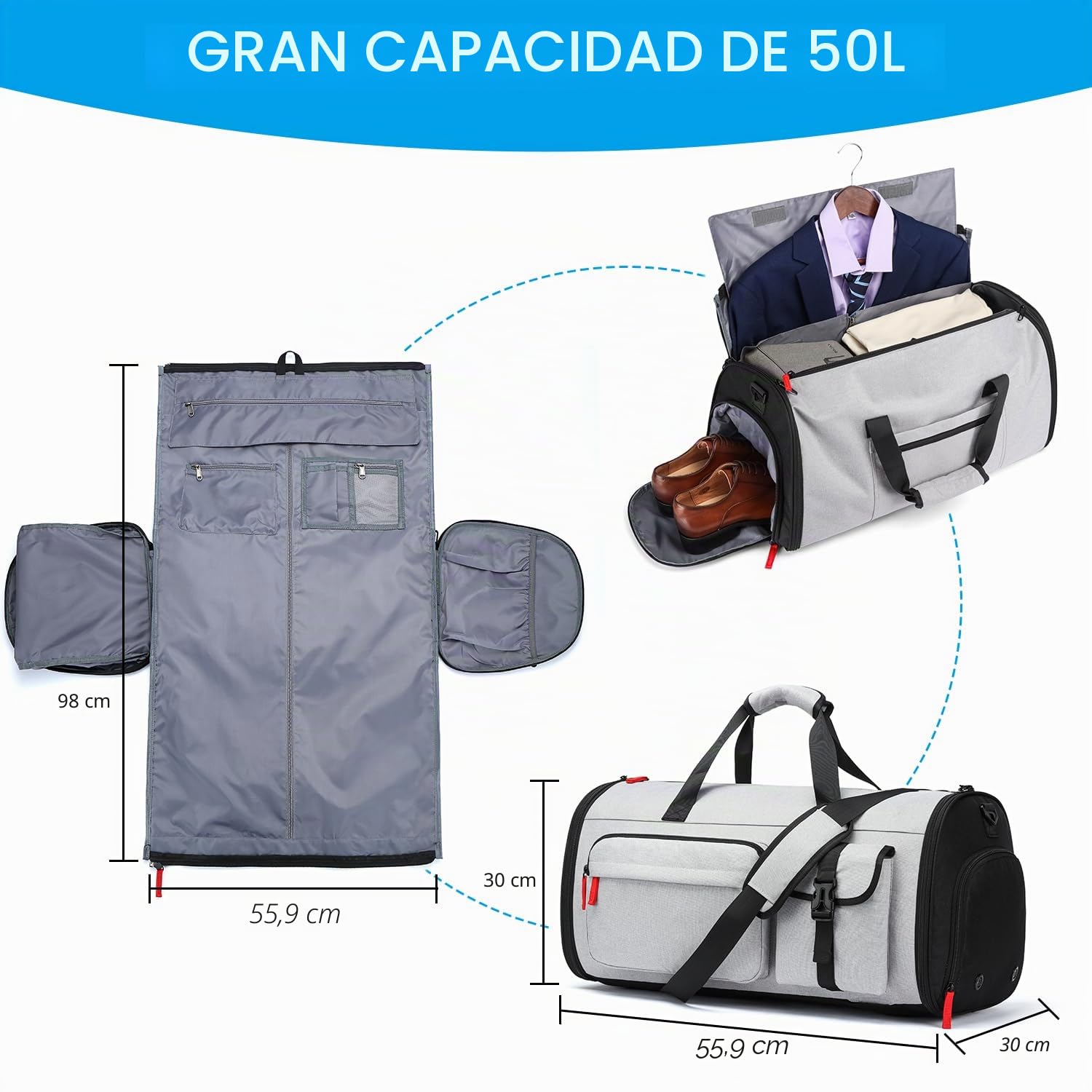 Bolsa de traje, bolsa de viaje para hombre, bolsa de viaje convertible, equipaje de mano con compartimento para zapatos, 3 en 1, bolsa grande para ropa, mochila, traje, para viajes de negocios, color