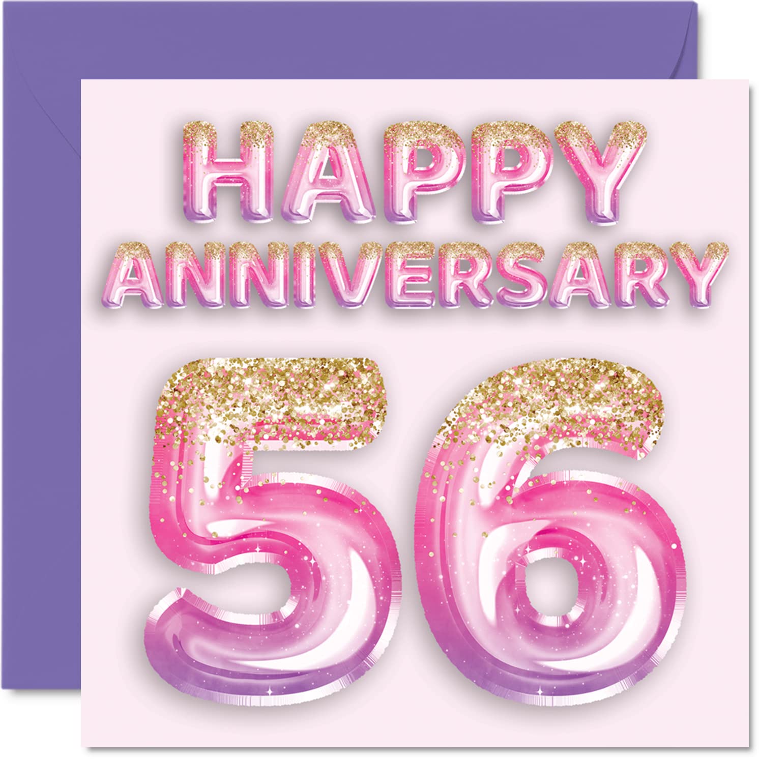 Pretty 56th Anniversary Card for Wife Girlfriend Husband Boyfriend - Pink Purple Glitter Balloons - Happy 56 Anniversary Cards from Family, 145mm Greeting Cards for Anniversaries