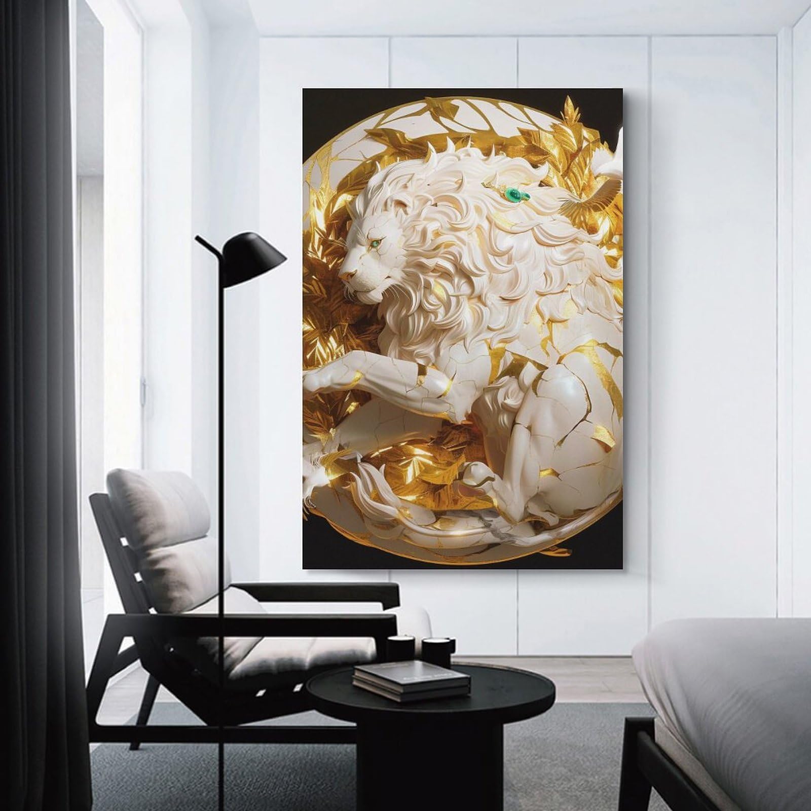 Junmoney Decorative Canvas Print Golden Lion Sculpture, 20x30inch(50x75cm), for Home Office, Desk Area Or Studio, Home Office Artwork with Decorative Appeal