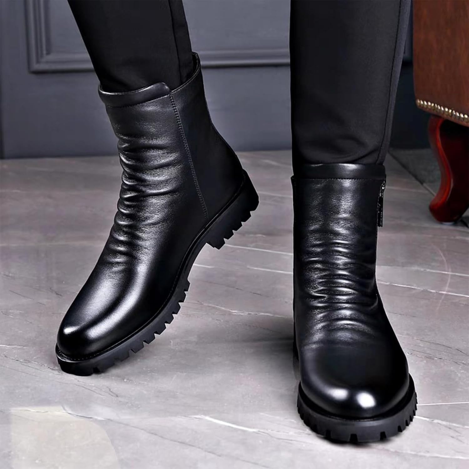 Men's Fashion Leather High-Top Chelsea Boots with Side Zipper Comfortable Lightweight Slip On Low Chunky Heel Non-slip Formal Ankle Boots Autumn Winter Party Business Wedding Motorcycle Boots - Image 7