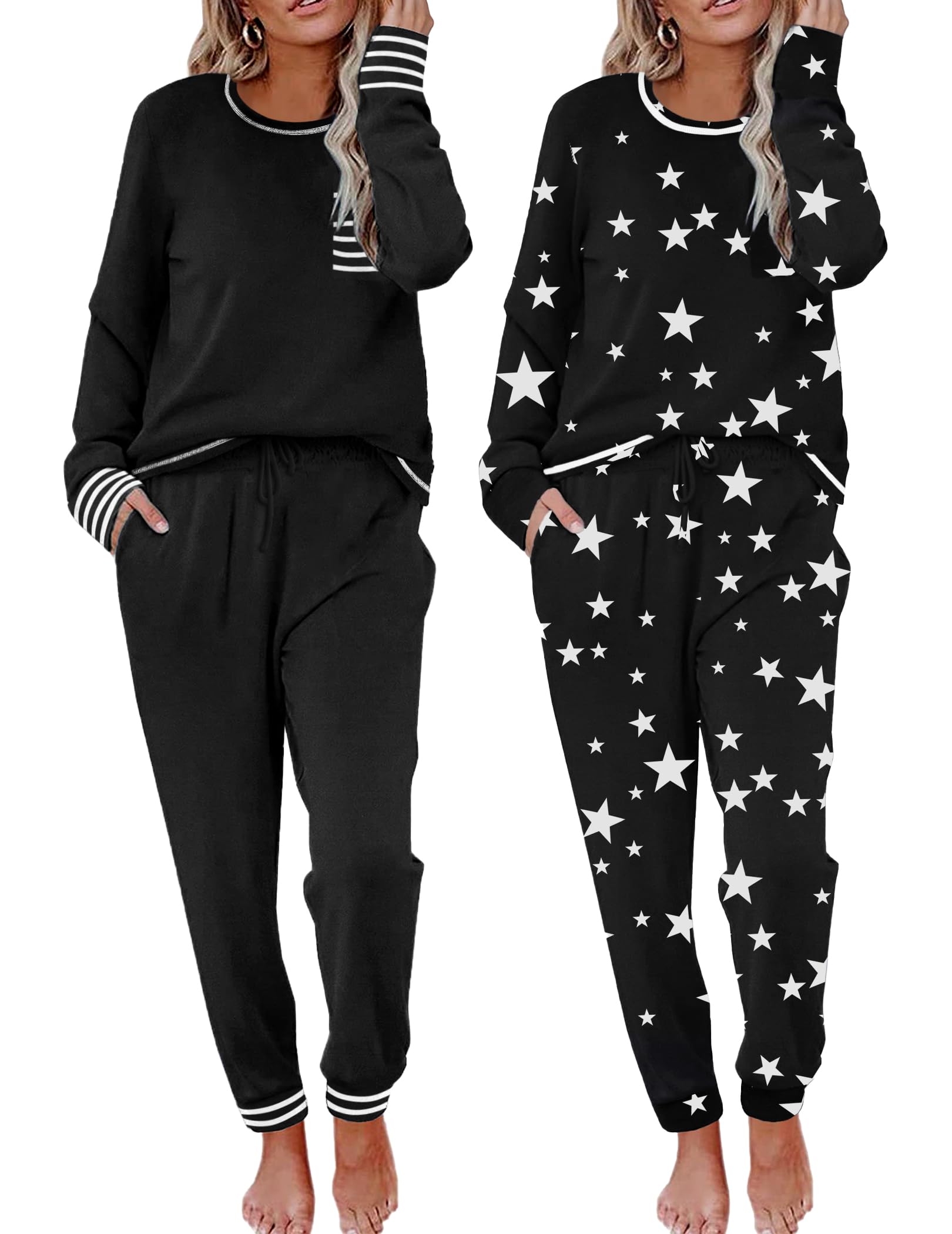Ekouaer 2 Pack Womens Pajama Sets Long Sleeve Lounge Sets Soft Pj Loungewear Sleepwear