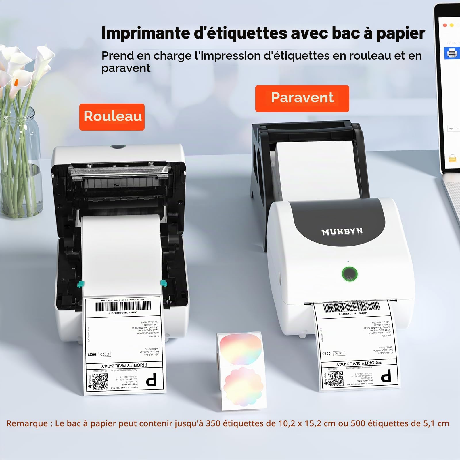 MUNBYN RW411 Imprimante Thermique Bluetooth Étiquettes Expédition, Compatible iPhone Android iPad Windows macOS
