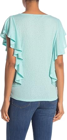 RACHEL Rachel Roy Womens Greta Ruffled Scoop Neck T-Shirt Blue M