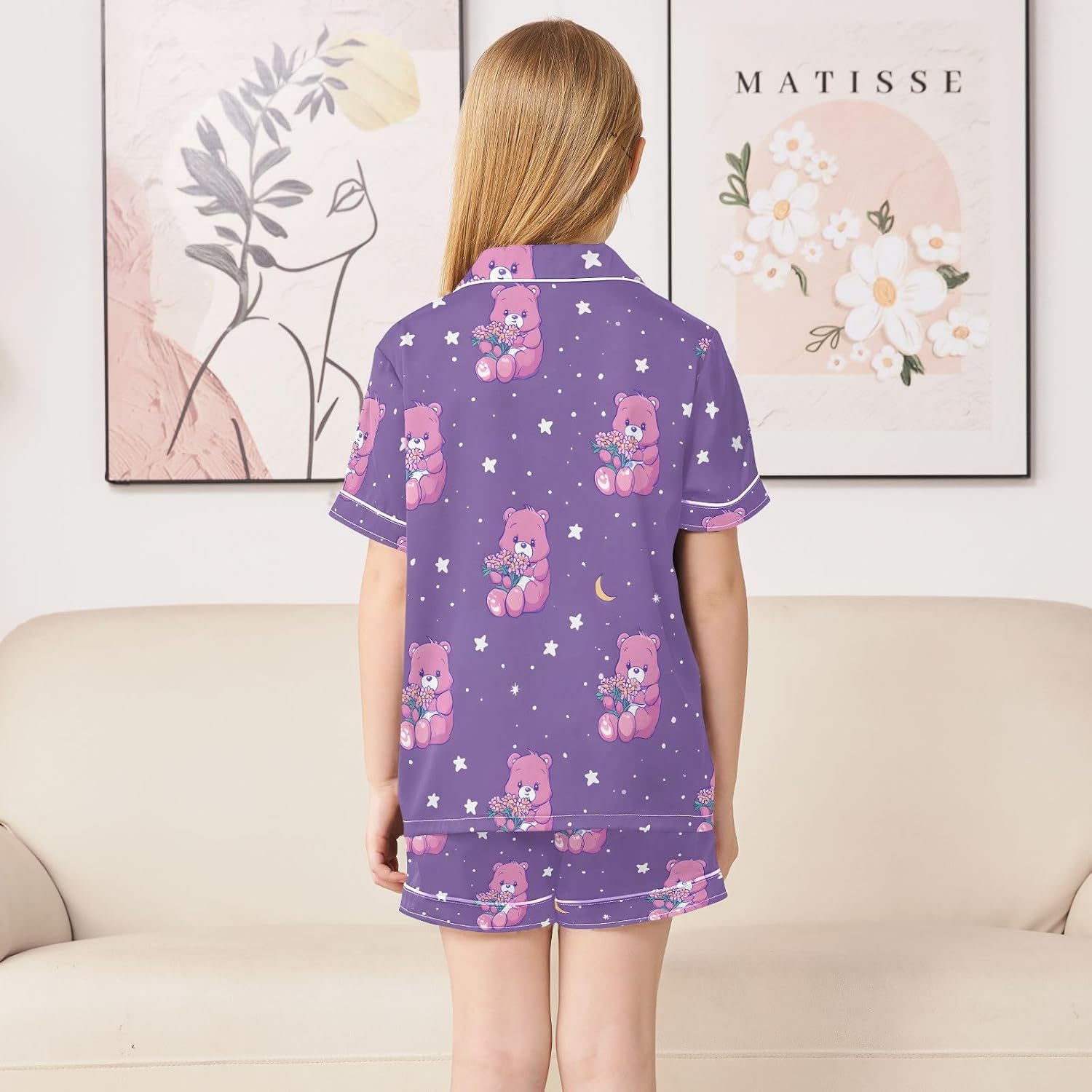 Kids Satin Wear Set Powder-colored Bear Cub Pattern Relaxed Fit Clothing Short Sleeve and Shorts