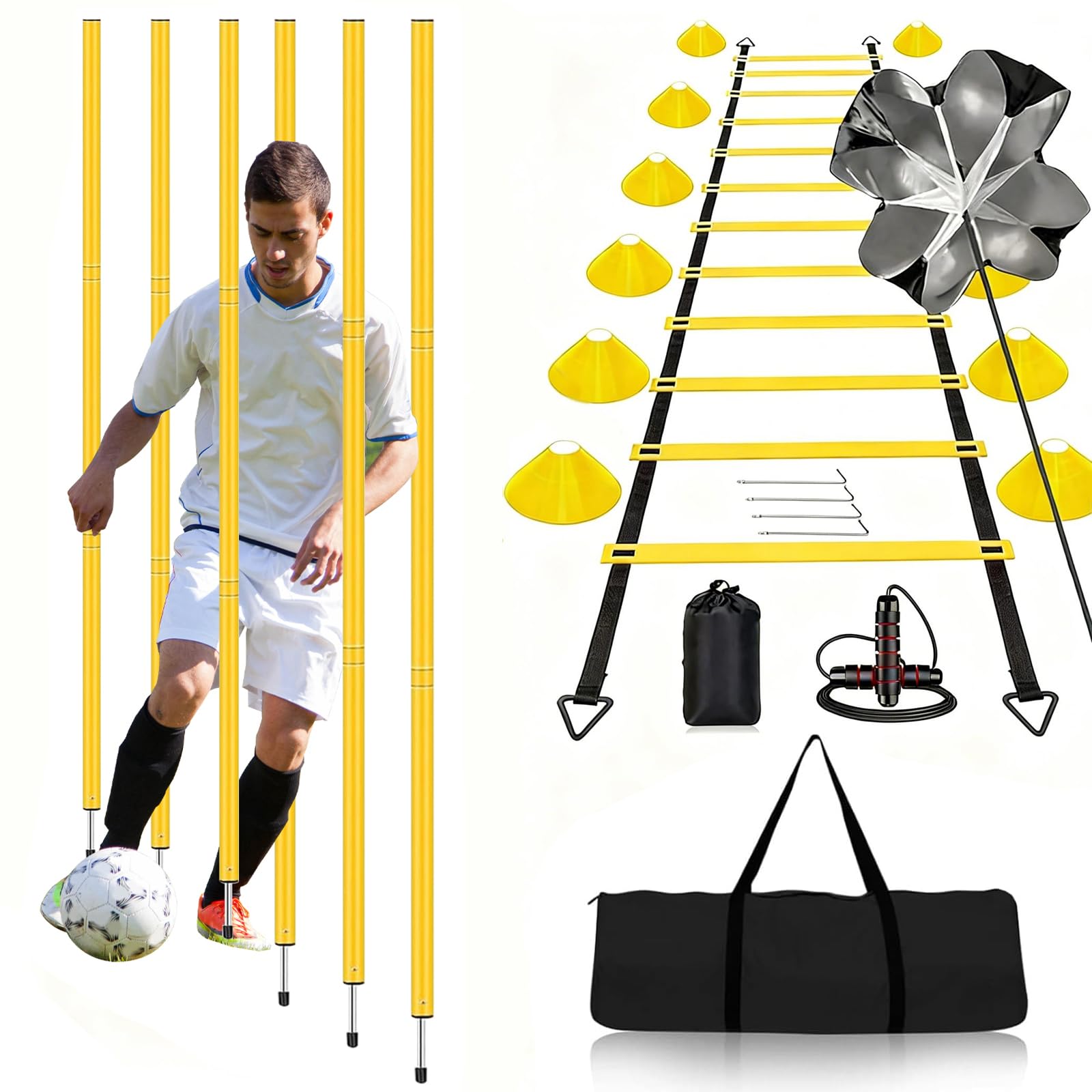 Kit Entrenamiento Futbol, Speed ​​Agility Training Kit para Agilidad Escalera de Agilidad 6M 12 Conos Deportivos 6 Postes Slalom Paracaídas de Resistencia Cuerda de Saltar y Bolsa de