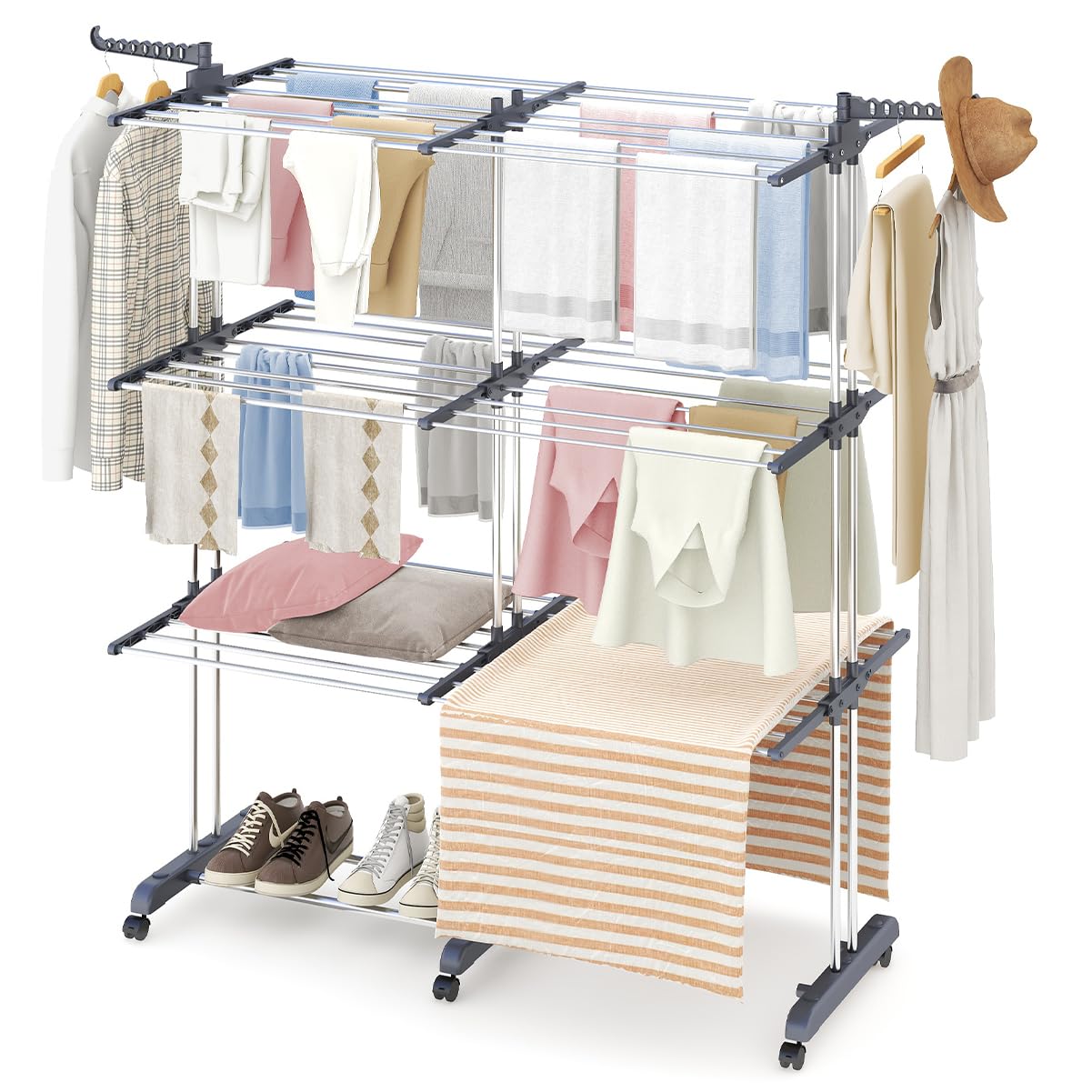 ANYVOYAGE 4-Tier Extra Large Clothes Airer, Clothes Drying Rack Extendable 18-32M Drying Space, Movable Clothes Horse for Indoor Outdoor