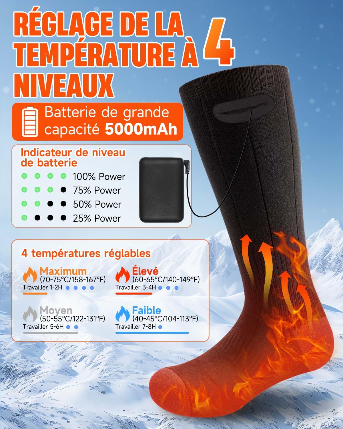 GVDV Chaussettes Chauffantes USB Rechargeables, Chaussettes Chaudes