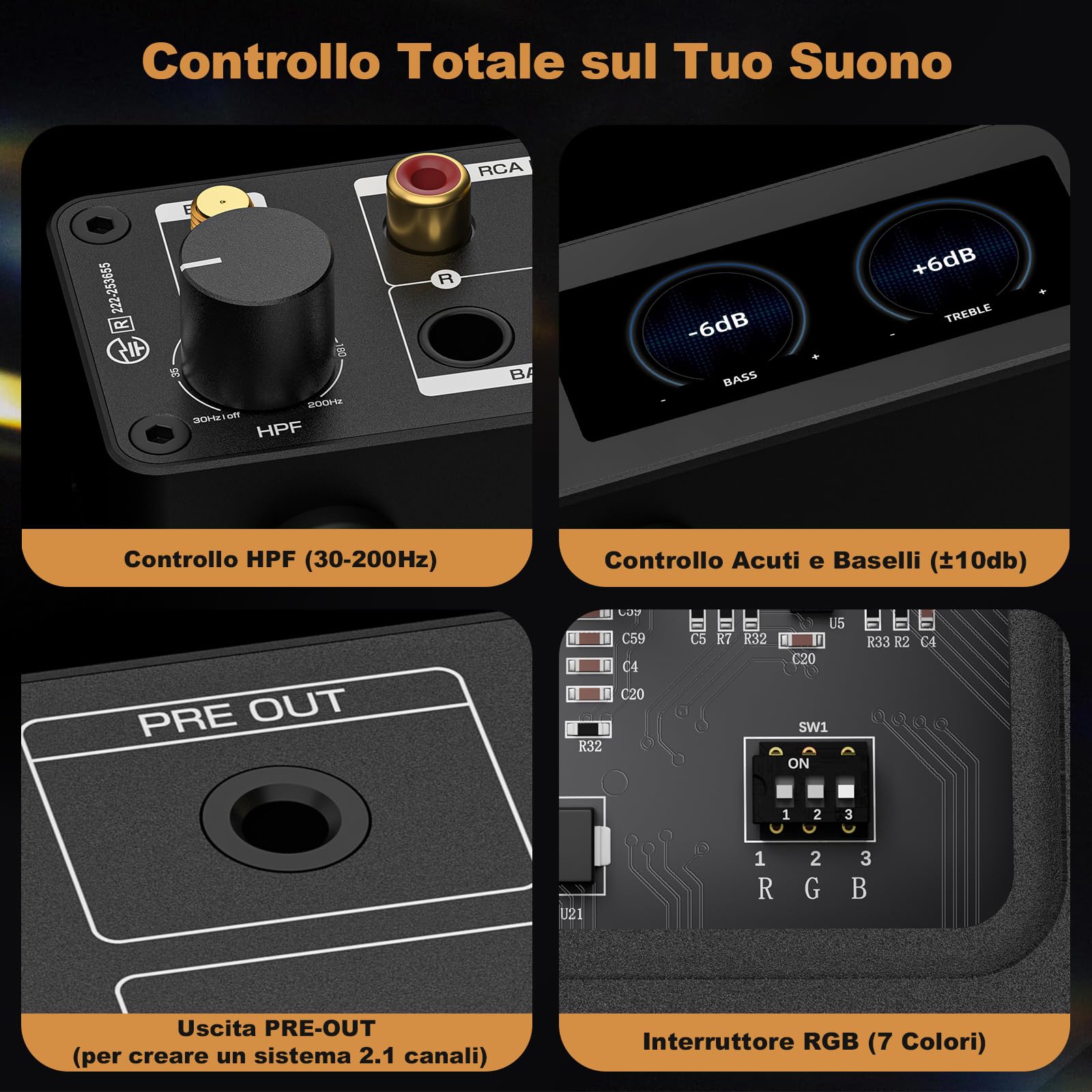 D1 Amplificatore Bluetooth: Amp Stereo con BT 5.2 | HPF | VU Meter Digitale | Pre-Out sub | Ingresso TRS Bilanciato | Controllo del Tono e Telecomando per Home Theater e Sistema di Scaffali