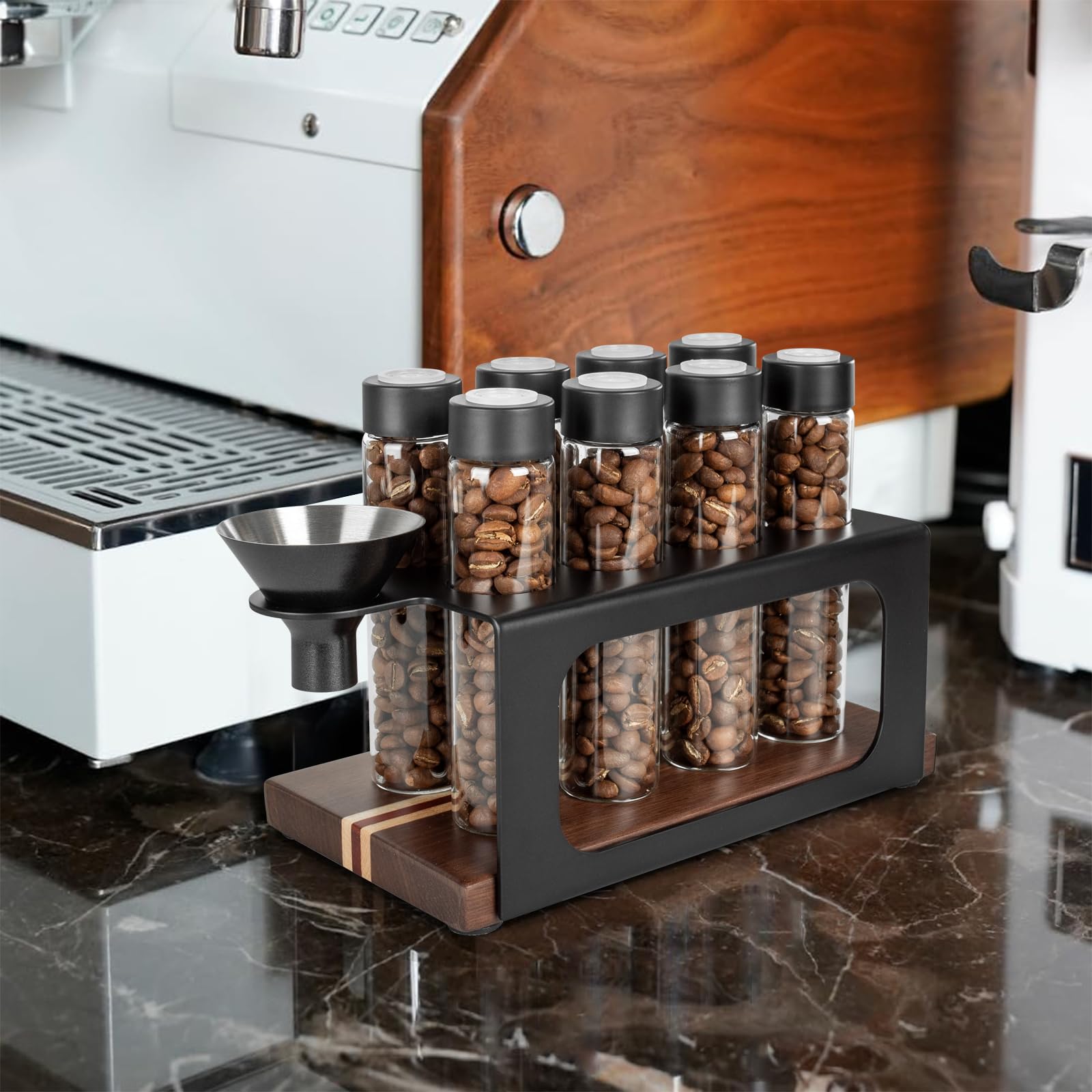 Walnuss Massivholzsockel Kaffeedosen 8 Röhren Kaffeebohnen | Aufbewahrung aus Holz für einzelne Portionen,Kaffeebohnen Behälter,Glasfläschchen mit Deckeln, Behälter-Displayständer
