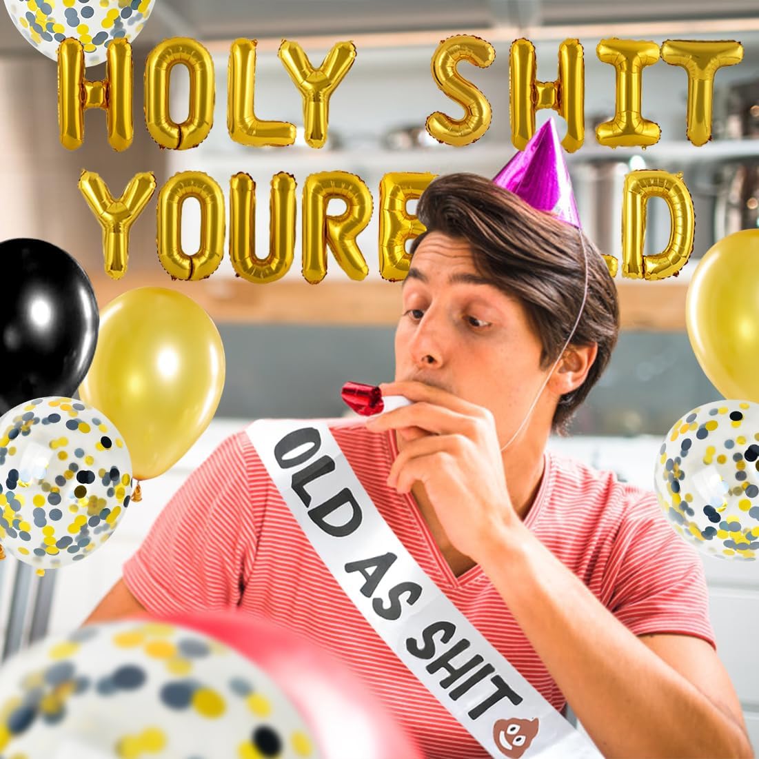 Holy Shit You're Old Banner Birthday Decorations, Black and Gold Glitter Balloons Old as Shit Sash Happy Birthday Cake Topper for Over The Hill Funny Old Age Birthday Decorations Supplies