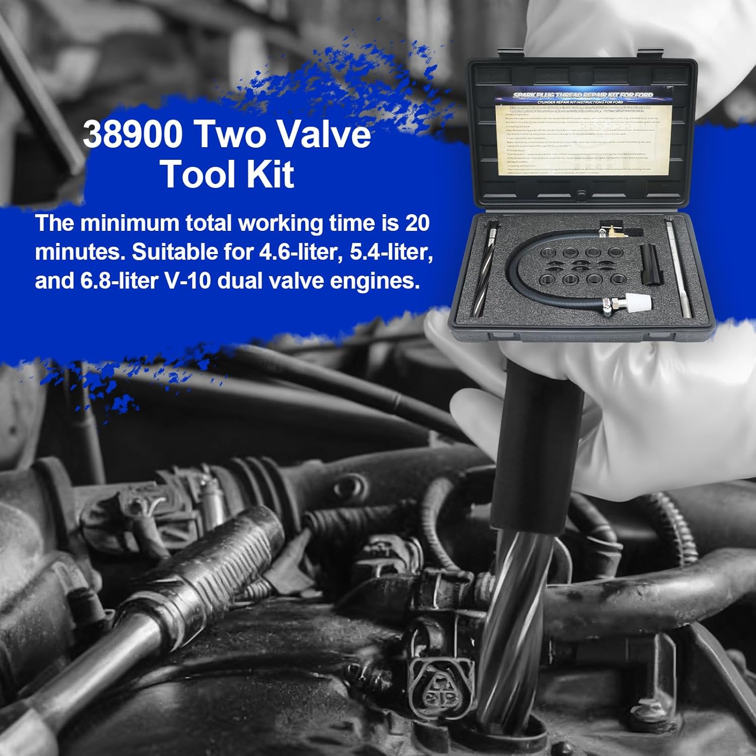 38900 Two Valve Ford Triton Tool Kit，Spark Plug Thread Repair Kits,Foolproof Repair System Compatible with Ford F150/250/350 E150/250/350 4.6L, 5.4L and 6.8 V-10 Ford Triton Two Valve Engines.