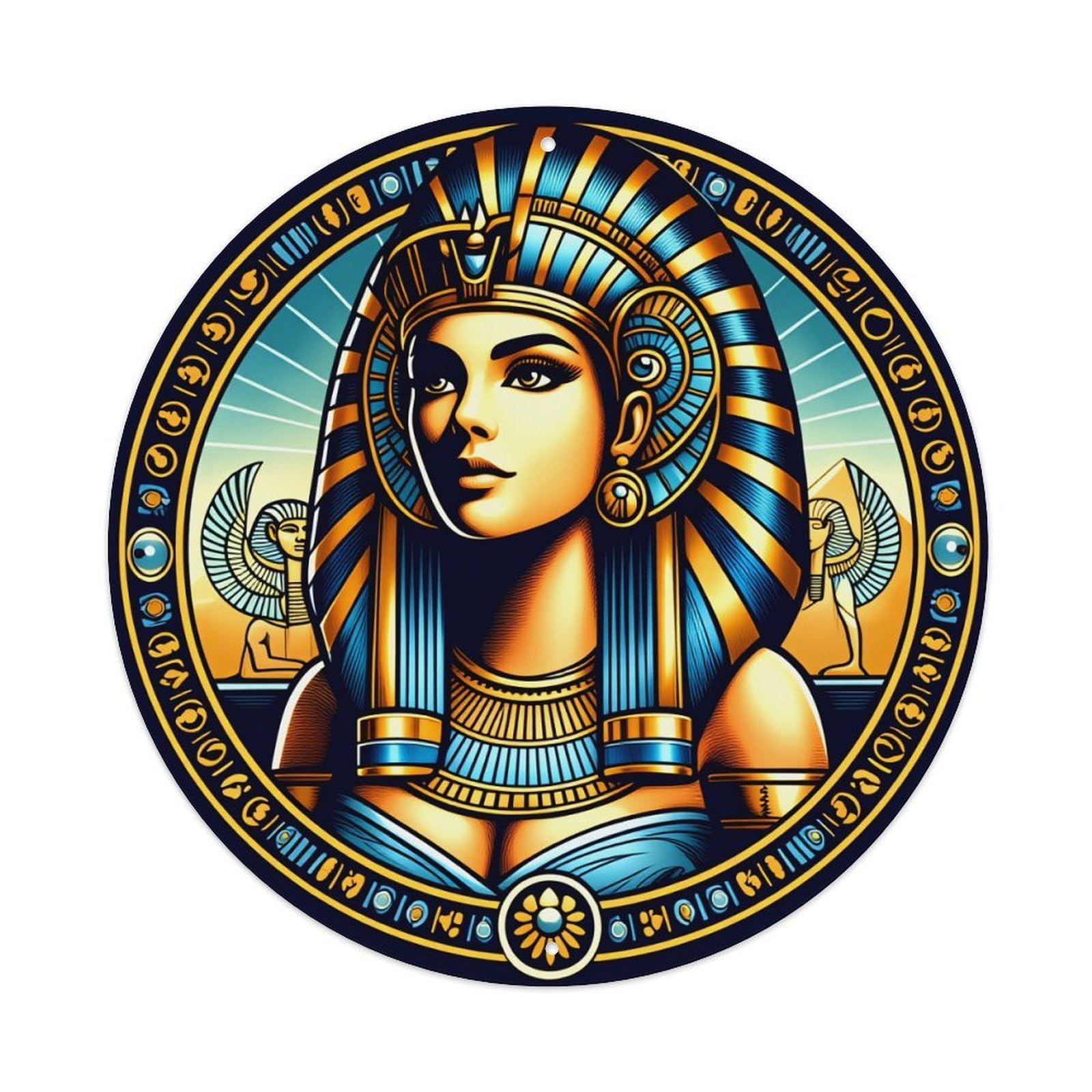 Egyptian Goddess With Headdress And Symbols Round Tin Sign Vintage Metal Poster, Home Bar Garage Man Cave Cafe Indoor & Outdoor Wall Decoration 8x8Inches
