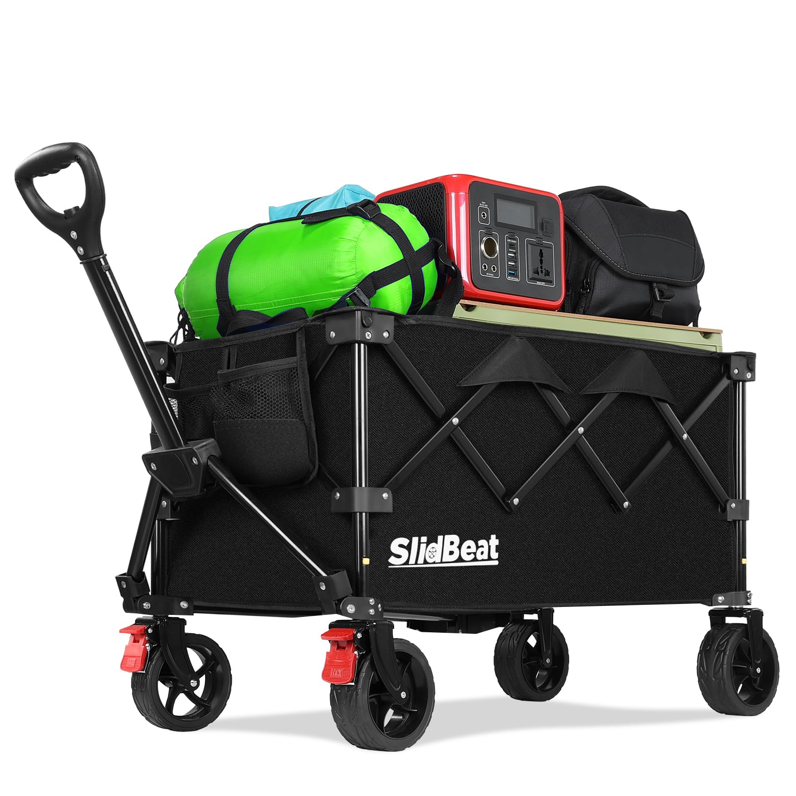 SLIDBEAT 150L Folding Wagon with All-Terrain Wheels, Beach Trolley Cart Camping Trolley Festival Pull Along Trolley on Wheels, Folding Wagon Camping Garden Cart(Black, XL)