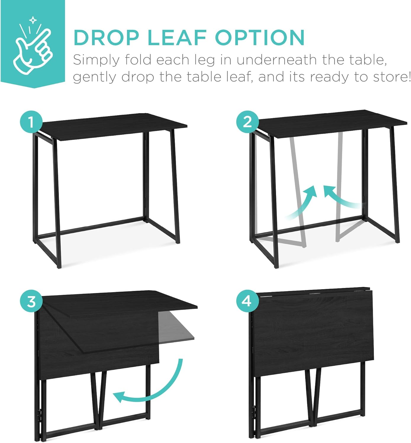 Best Choice Products 31.5in Folding Drop Leaf Desk Table, Computer Workstation for Home Office w/Wood Table Top, Back Shelf, Portable, Space Saving - Black/Black