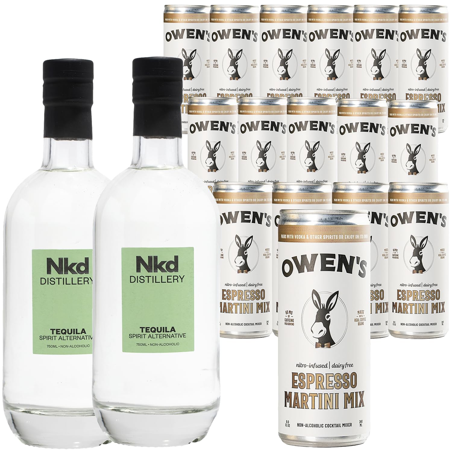 Nkd Distillery Tequila Alternative Premium Non-Alcoholic Spirit 750 ML Bottles w Owen’s Mixers Espresso Martini 8.2 OZ Cans - Perfect for Mocktails - Made in USA
