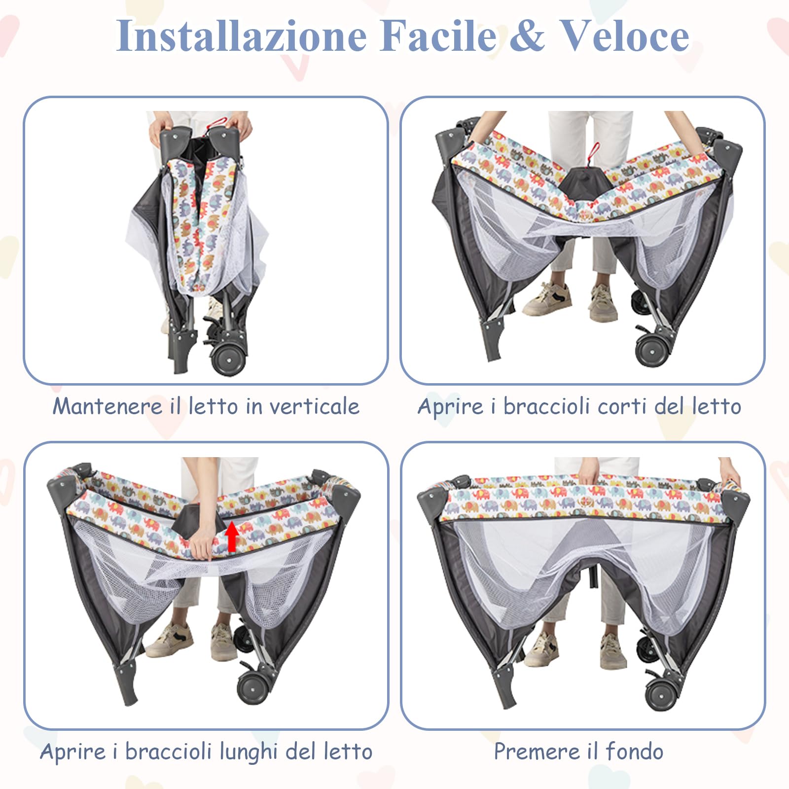 RELAX4LIFE 4 in 1 Lettino da Campeggio per Neonati, Culla da Viaggio con Fasciatoio, Baldacchino Retrattile con Zanzariera, Adatto a Bambini da 0 a 36 Mesi (Elefanti Colorati)