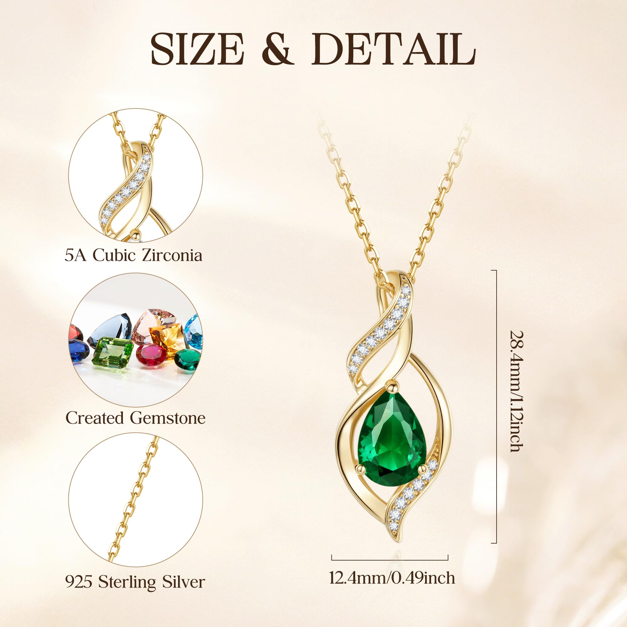 FANCIME Cadena de plata de ley 925 chapada en oro con forma de infinito y piedra natal con colgante de gota de infinito para mujeres y niñas, longitud de la cadena: 40 + 5 cm