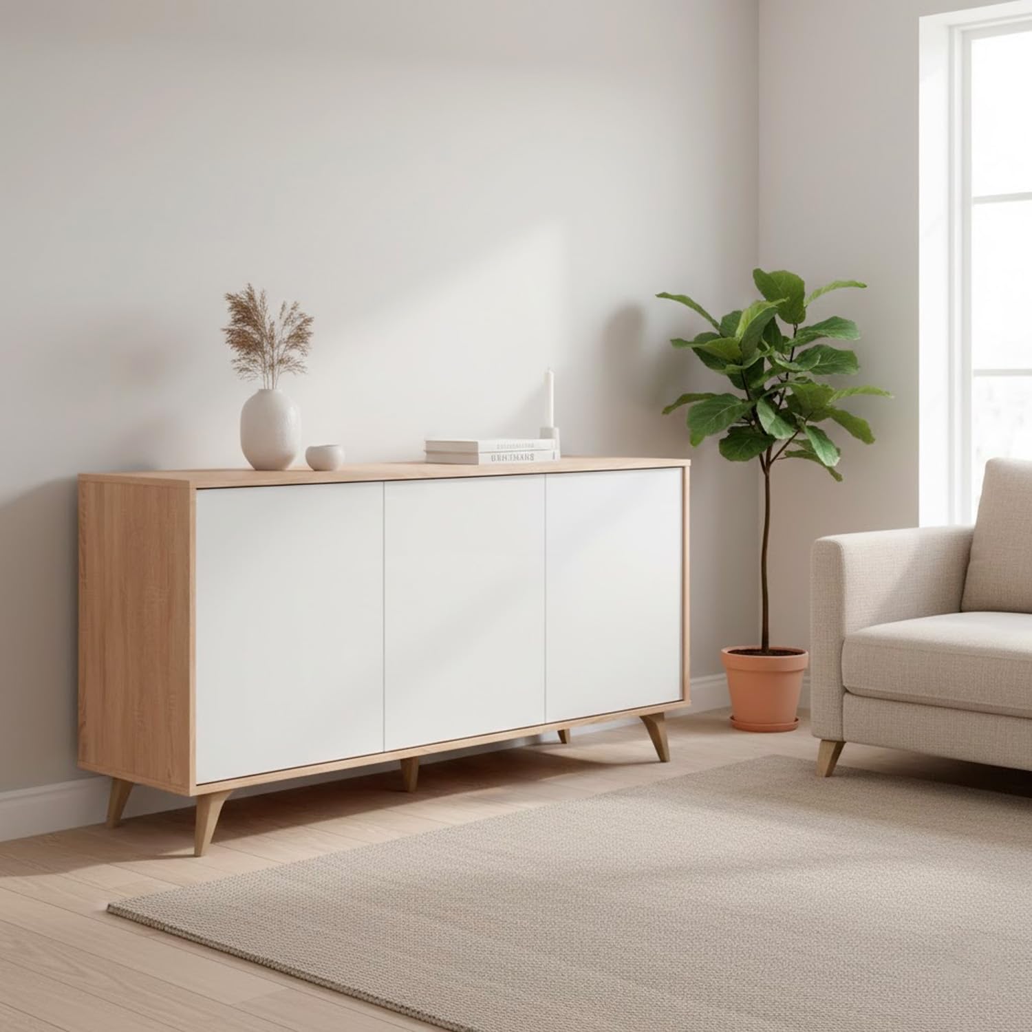 Credenza 3 Ante Con Apertura Push Madia Mobile Contenitore Moderno Con 6 Ripiani Interni Per Soggiorno Sala Da Pranzo Ingresso E Camera Da Letto Stile Nordico 154 x 40 x 75 Cm Rovere E Bianco