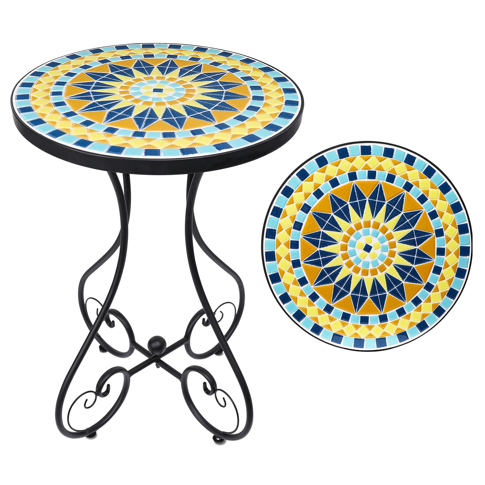 VCUTEKA Outdoor Side Table Mosaic Patio Table Accent Tables Mosaic Tile Top Metal Frame Small End Tables Porch Beach Patio Garden Balcony Muti Yellow