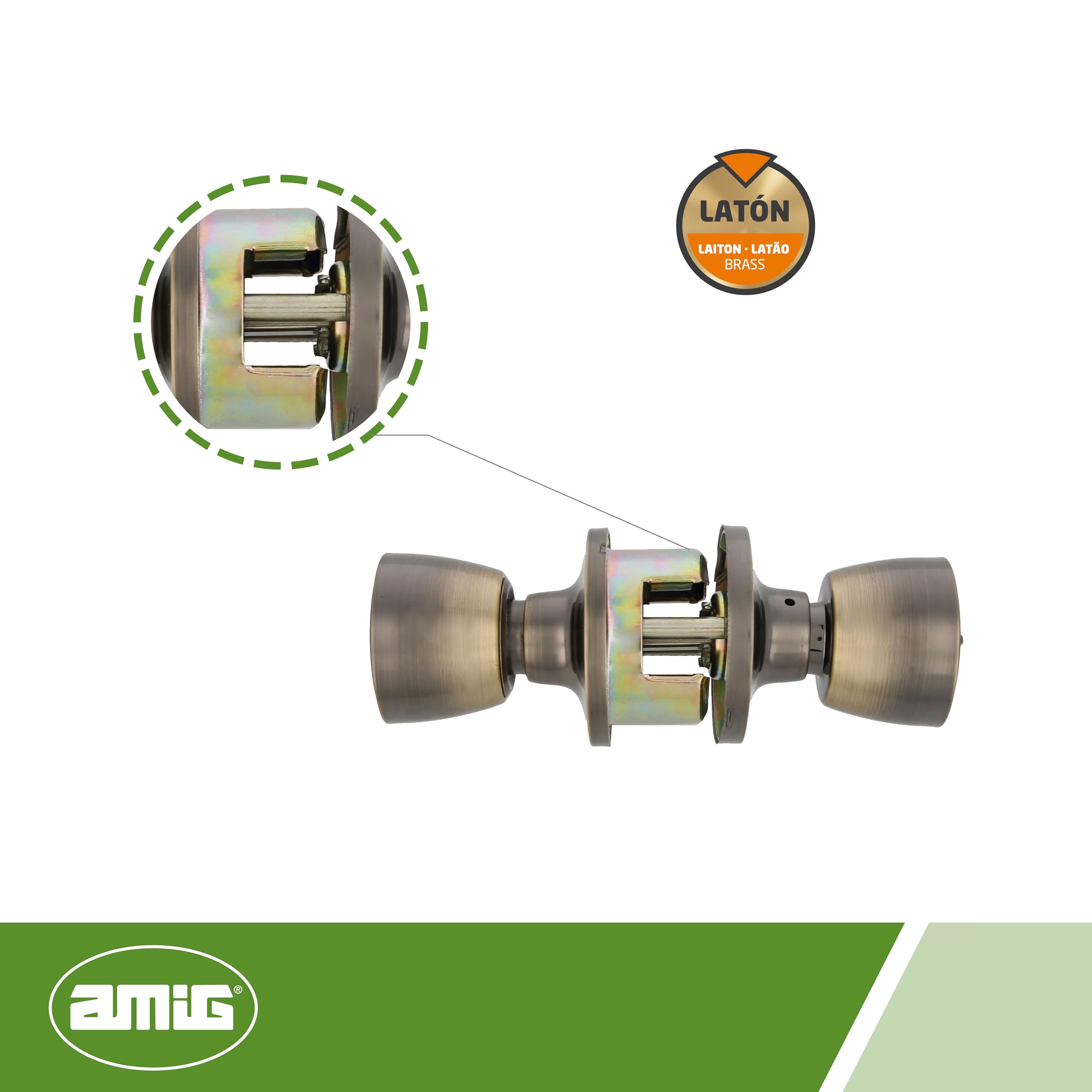 Set Pomelli Porta AMIG In Ottone | Maniglia Con Serratura Per Porte Legno, 60/70mm - Lucidato