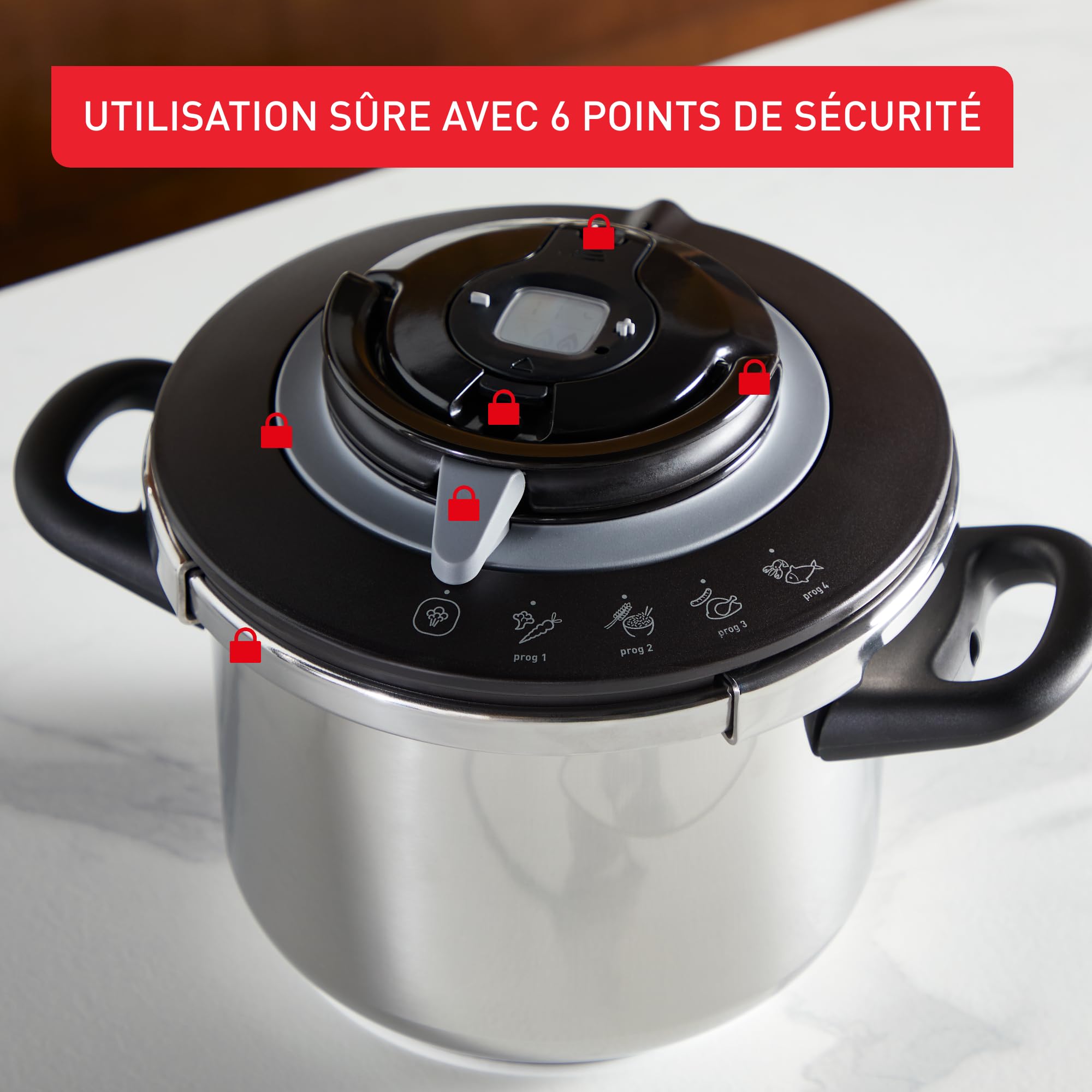 SEB Clipso+ CHEF 10L Cocotte-minute, 7-10 convives, Induction, 4programmes cuisson, Ouverture et fermeture du couvercle d'une seule main, P4551500, Gris