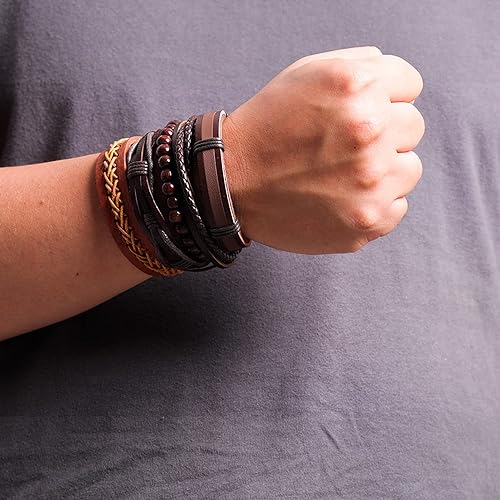 Miniatura 7 de Diez brazaletes de cuero trenzado Milakoo, con cuentas de madera, ajustables, para hombre y mujer, sin metal