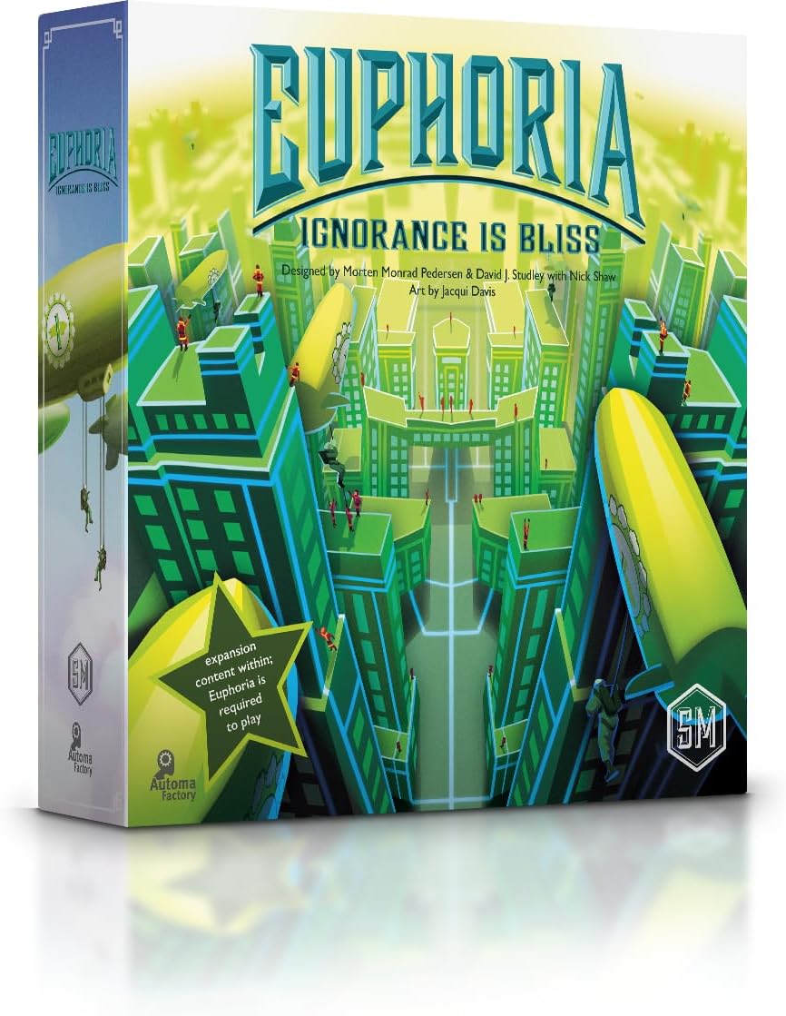 Stonemaier Games: Euphoria: Ignorance is Bliss Expansion | Add to Euphoria: Build a Better Dystopia (Base Game) | New Solo Mode, New Antiques Bazaar & Other Components | 1-6 Players, 60 Mins, Ages 14+