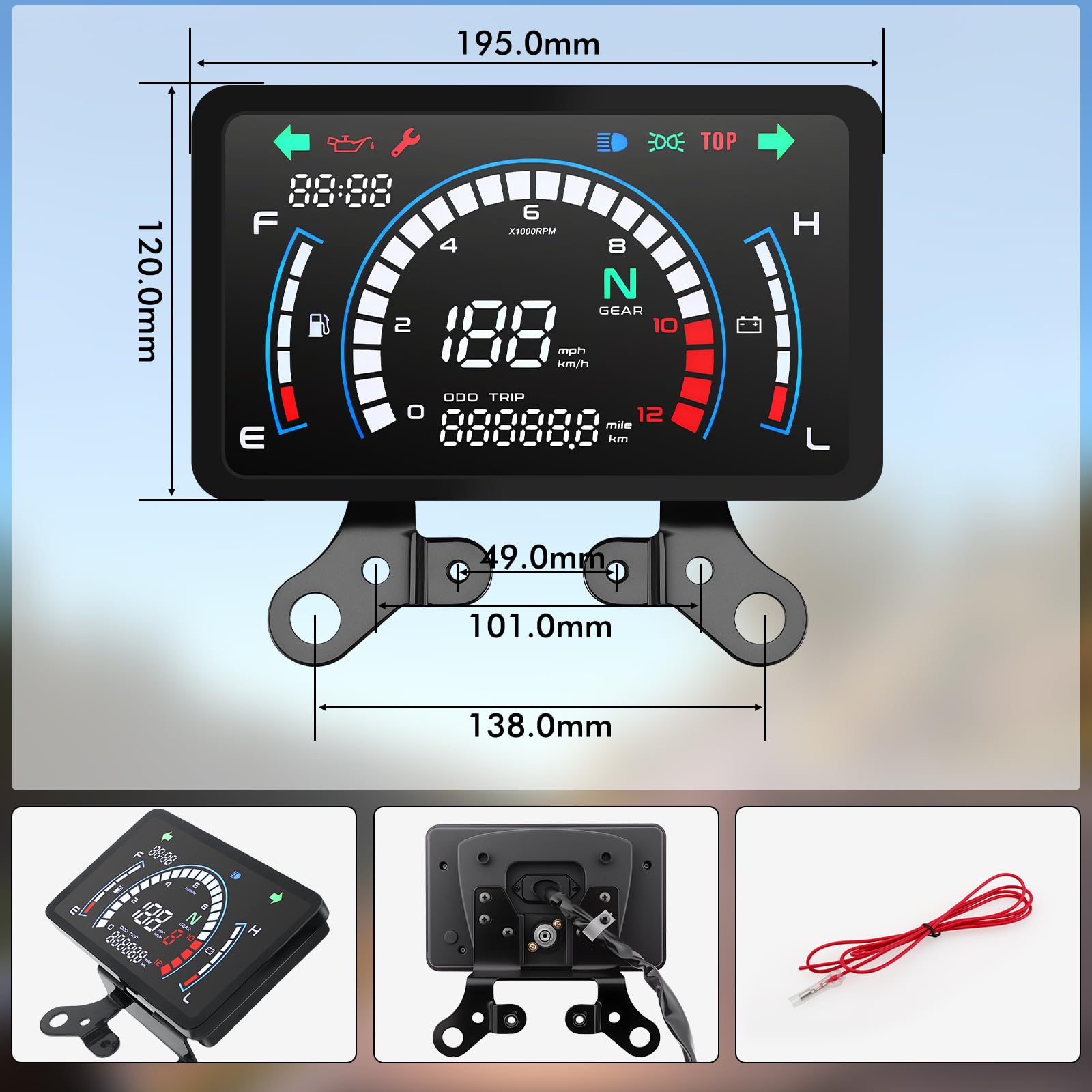 Geloo Compteur de Vitesse Kilométrique 12V Digital Moto avec Support