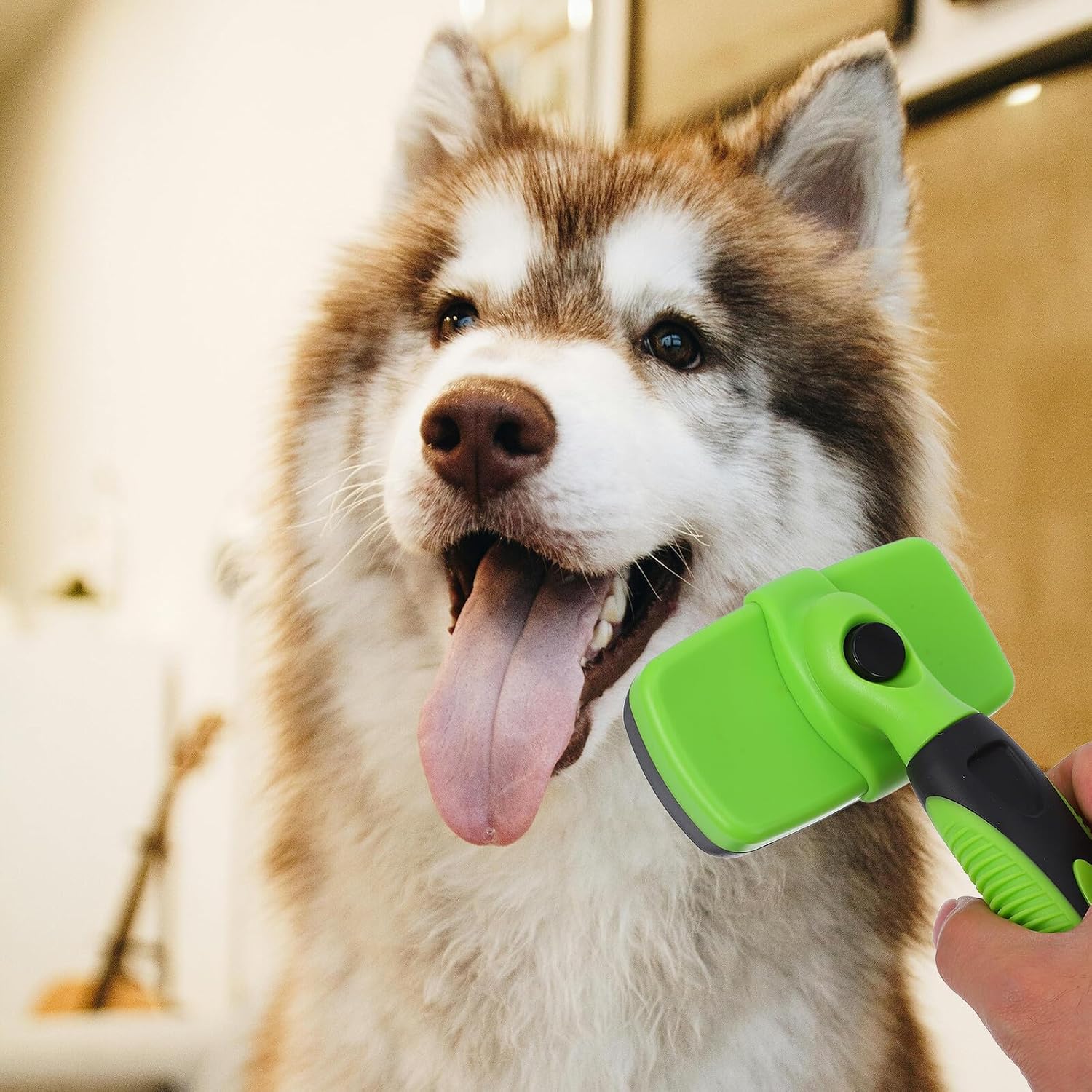 Self-cleaning Dog Shedding Brush and Cat Grooming Comb, Small Green Pet Hair Remover Tool for Shedding and Detangling, Skin-friendly Brush for Dogs and Cats