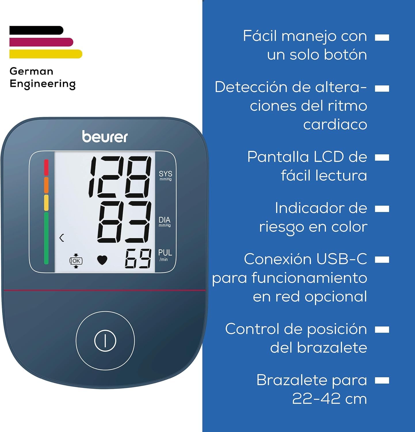 Beurer BM 25 Tensiómetro de brazo, operación sencilla con un botón, medición precisa, detección de arritmias, con puerto USB-C, brazalete para 22-42 cm, transferencia de datos a Apple Health y más